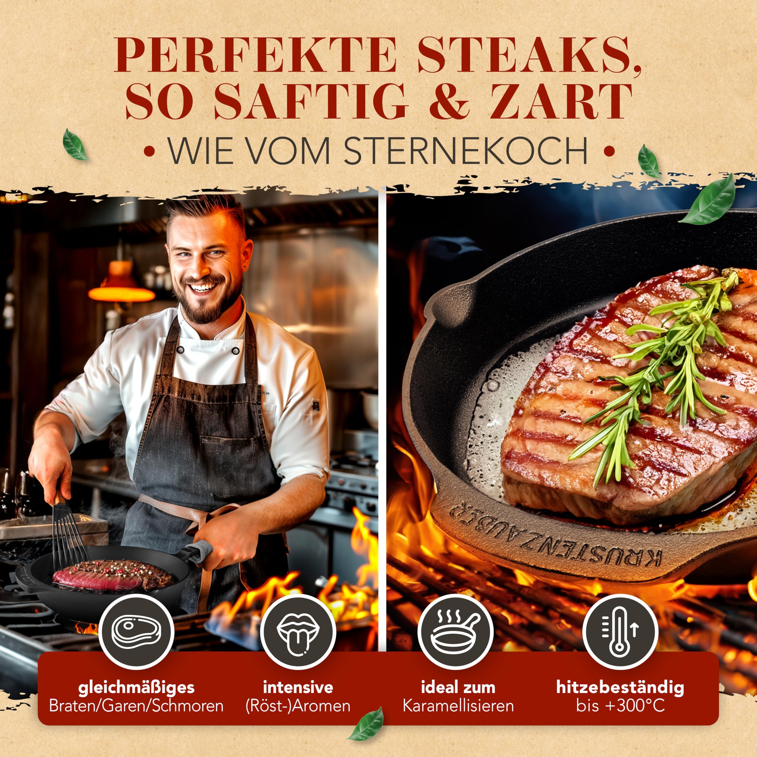 KRUSTENZAUBER 28cm Gusseisenpfanne Induktion Set - Voreingebrannte Gusseisen Pfanne - Ideale Grillpfanne Induktion, Eisenpfanne, Cast Iron Pan, Bratpfanne, Gusseiserne Pfanne Skillet Gusspfanne