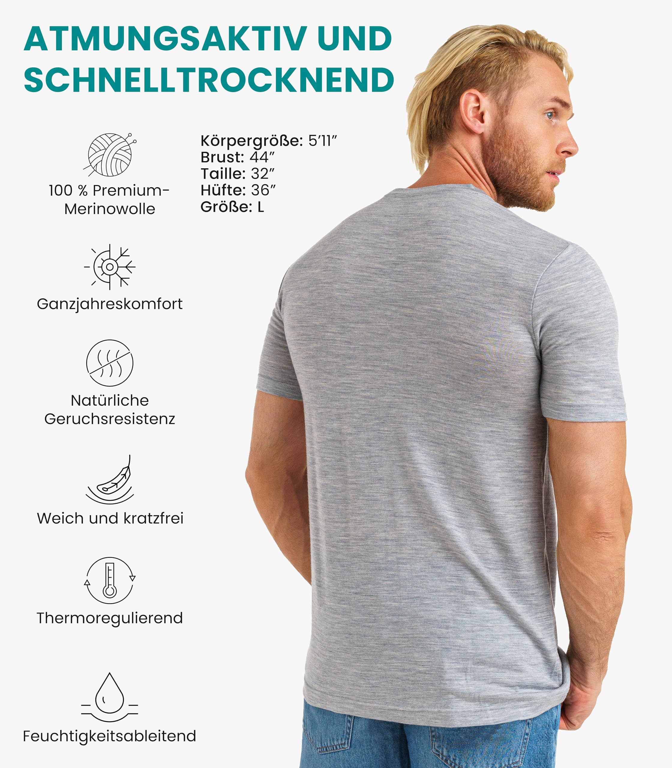 100% Merino T-Shirt Herren Kurzarm - Sport Shirt Männer Wolle, Merino Unterwäsche Herren (X-Large, Heathered Grey)