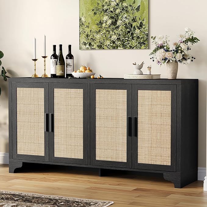 GarveeHome 4-Door Sideboard Buffet Cabinet, Natural Rattan Storage Cabinet, Boho Entryway Console Table, Coffee Bar Station for Dinning Room, Living Room, Kitchen, Black