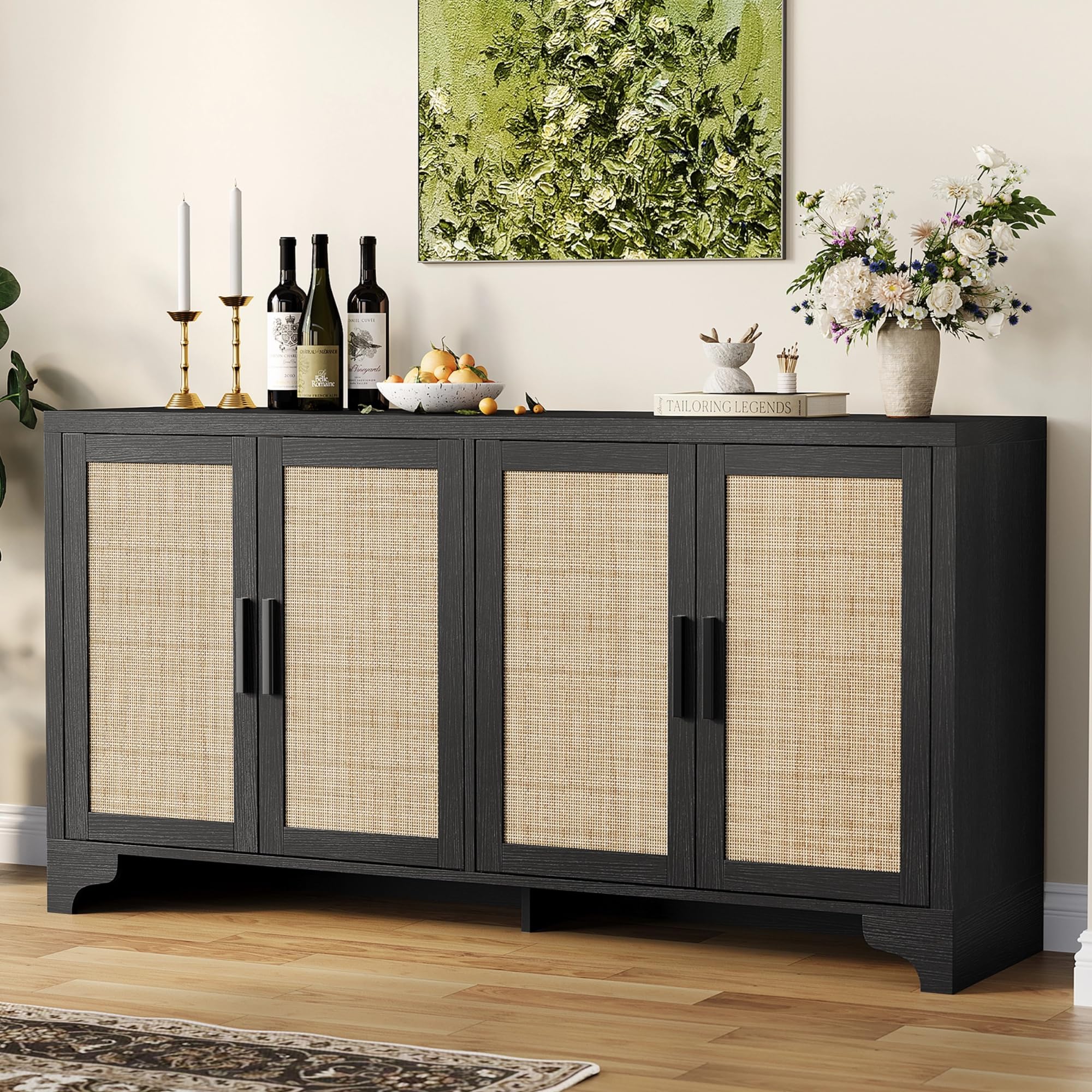 GarveeHome 4-Door Sideboard Buffet Cabinet, Natural Rattan Storage Cabinet, Boho Entryway Console Table, Coffee Bar Station for Dinning Room, Living