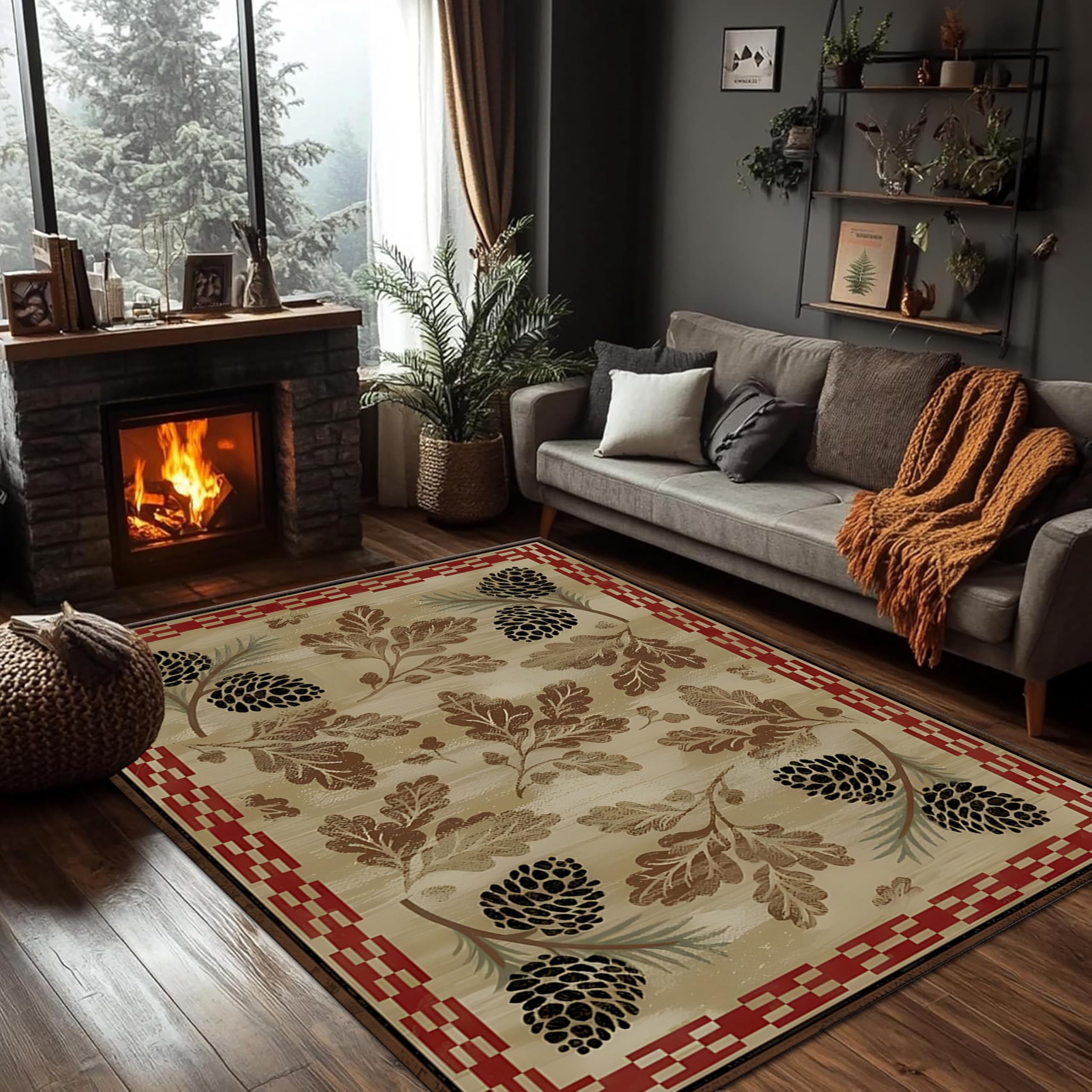 PDENZG Rustic Rugs for Living Room, 160x200cm,Modern Border Low Pile Red Plaid Farmhouse Area Rug, Washable Woodland Pinecone Country Cabin Area Rug, for Bedroom, Office, Dining Room Lounge
