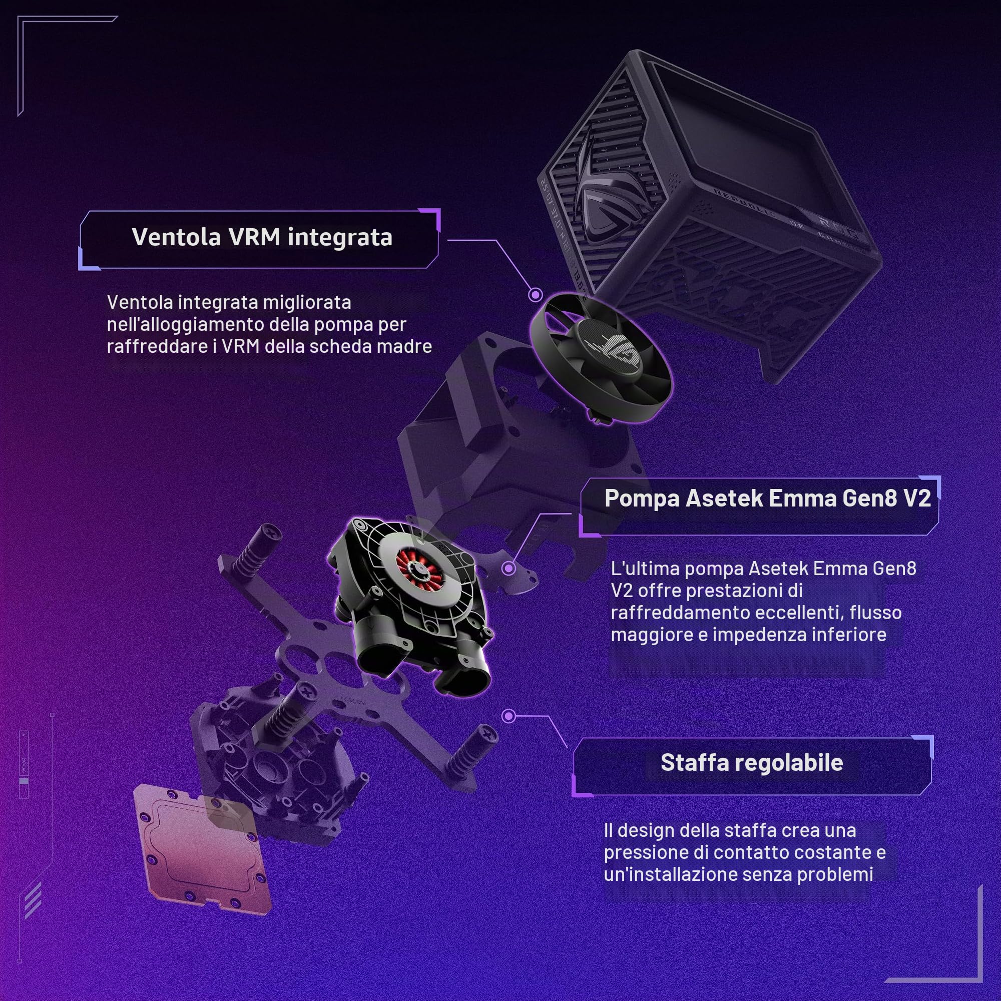 ASUS ROG RYUJIN III 360 ARGB EXTREME all-in-one AIO CPU liquido cooler; pompa Asetek Gen8 V2; ventole magnetiche ad alta pressione flusso d'aria; LCD