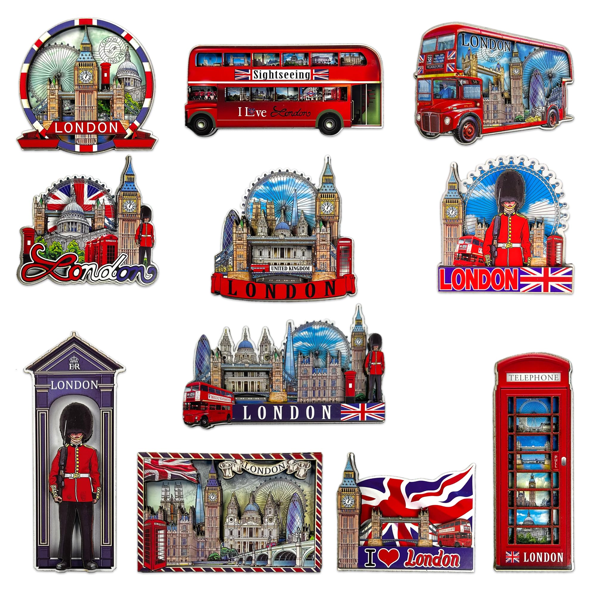 LILAJ Set of 10 London 3D Wooden Fridge Magnet Bus & Telephone Box British London England Souvenirs Landmark Union Jack Flag Gift