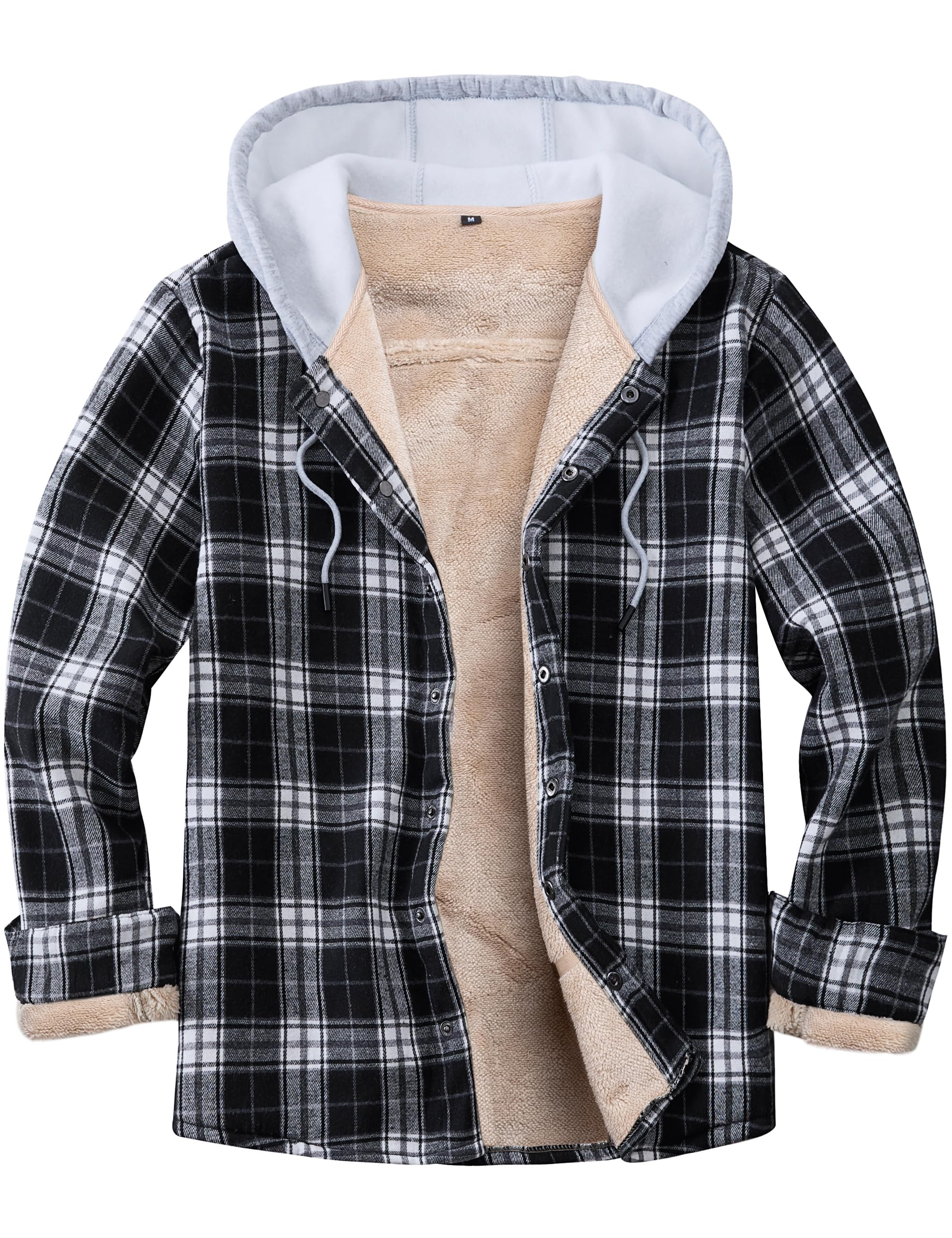 IVUMA Men's Cotton Plaid Long Sleeve Shirts Jacket Fleece Lined Flannel Shirts Sherpa Button Down Coat with Hood