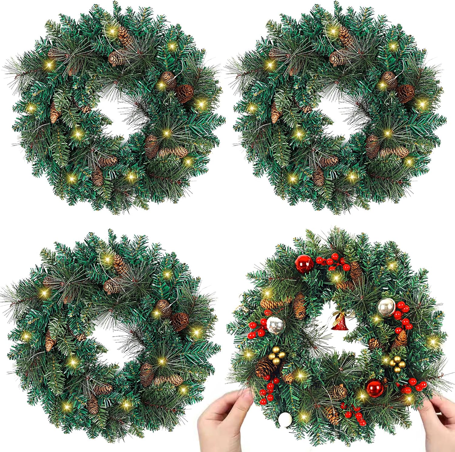 4 Pieces 20 inch Large Artificial Pine Wreaths with Lights, Pine Cones, Farmhouse Wreath Christmas Outdoor Green Christmas Wreaths for Windows Front Door Outside (4, 20inch) 20inch 4