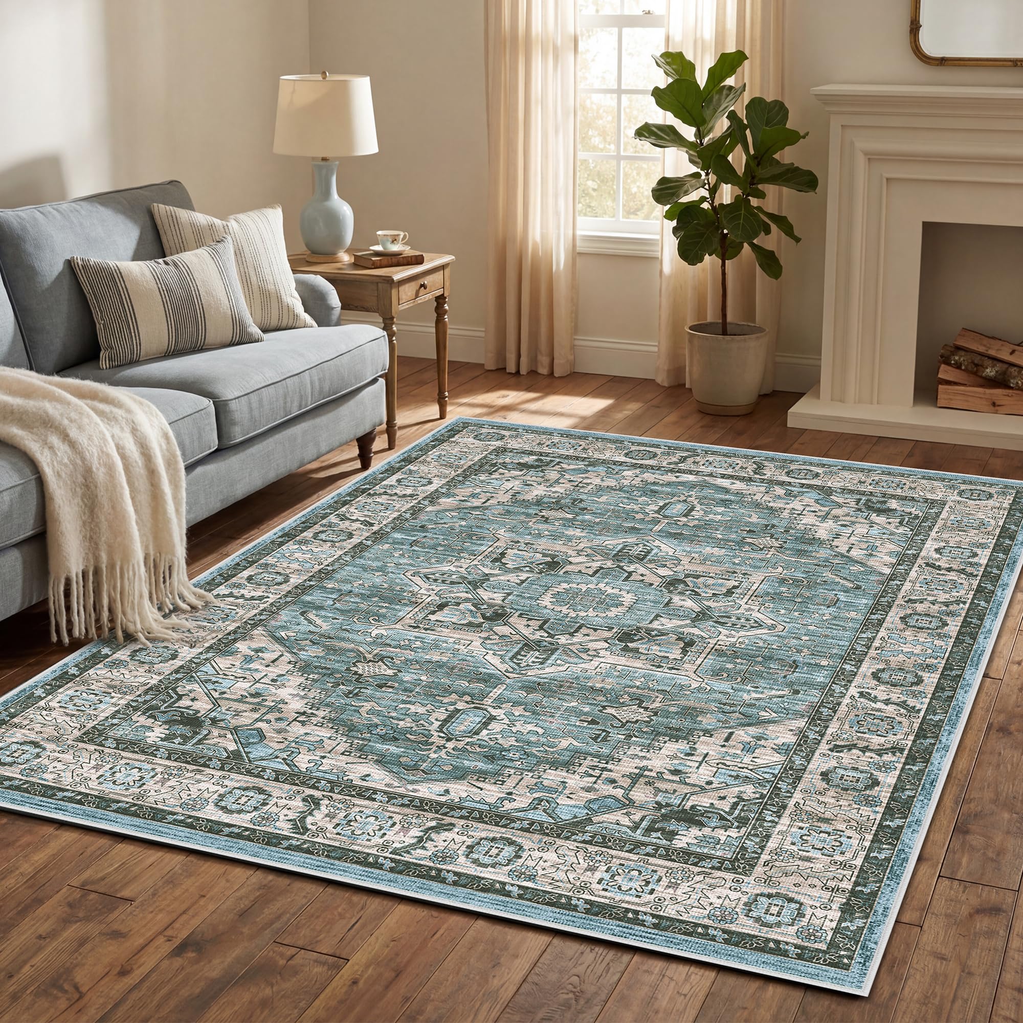 Autsel Rugs for Living Room Bedroom 150x210cm, Large Machine Washable Area Rugs Non-slip, Vintage Boho Rugs, Soft Short Pile Carpet, Blue Runner Rugs for Hallway, Carpet for Kitchen, Office