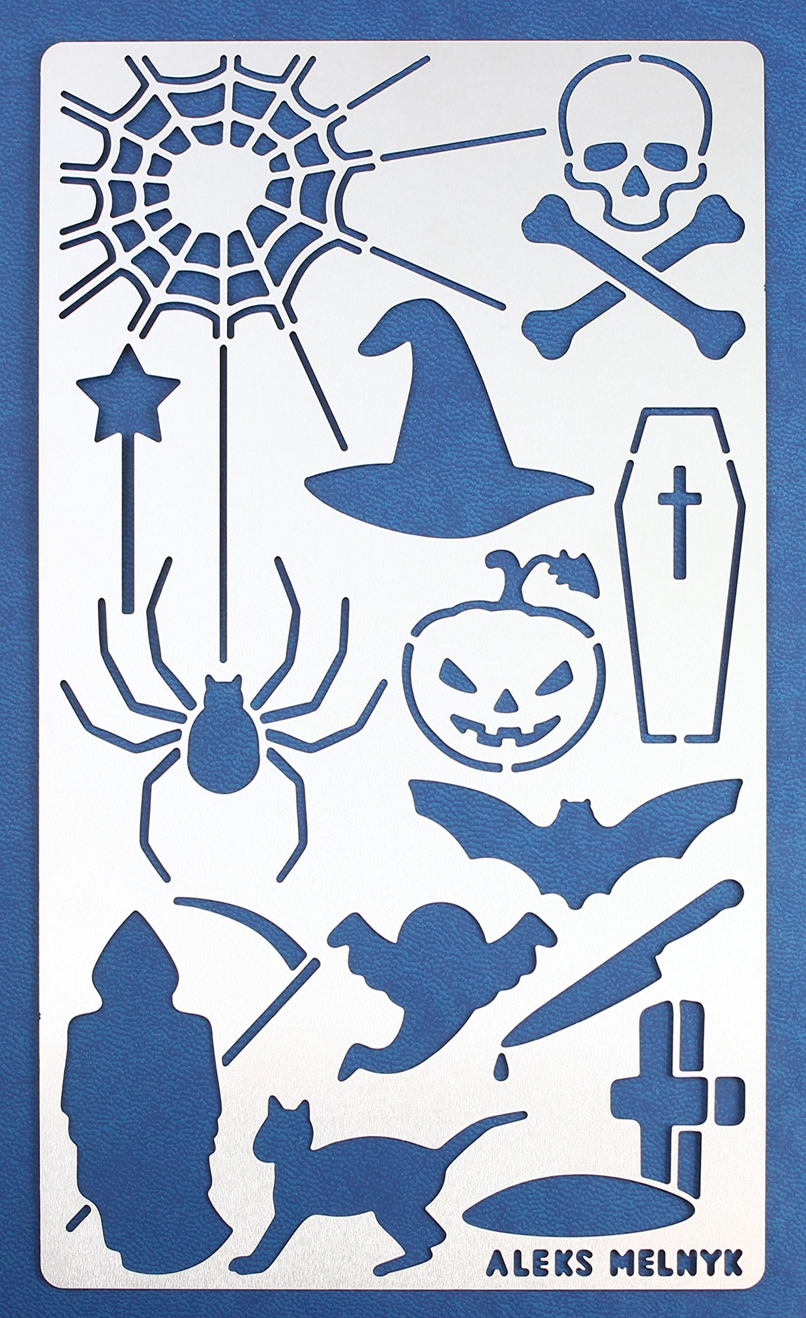 Aleks MelnykNo.17 Stencil and Patterns, Metal Journal Stencil for Wood Burning, Halloween, Pyrography, Wood Carving Templates, Pumpkin, Spider Web, Skull, Spook, Bullet Journaling