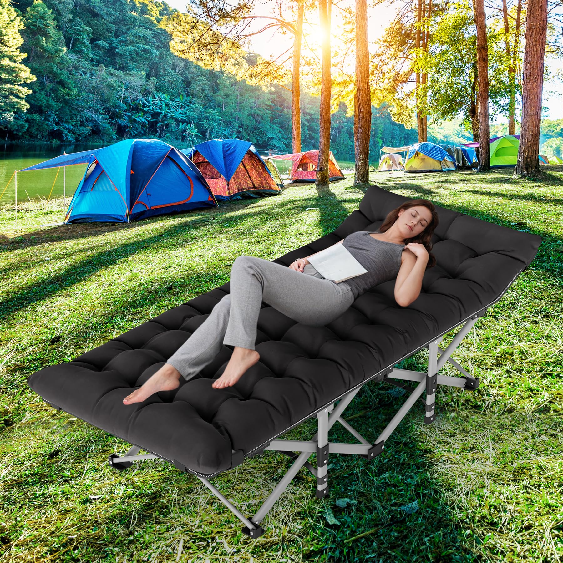 Seeutek Folding Camping Cot for Adults with Carry Bag, Portable Bed with Detachable Cushion, Waterproof 1200D Oxford Fabric, Cot Bed for Camping, Hunting, Lounging, Camping Cots
