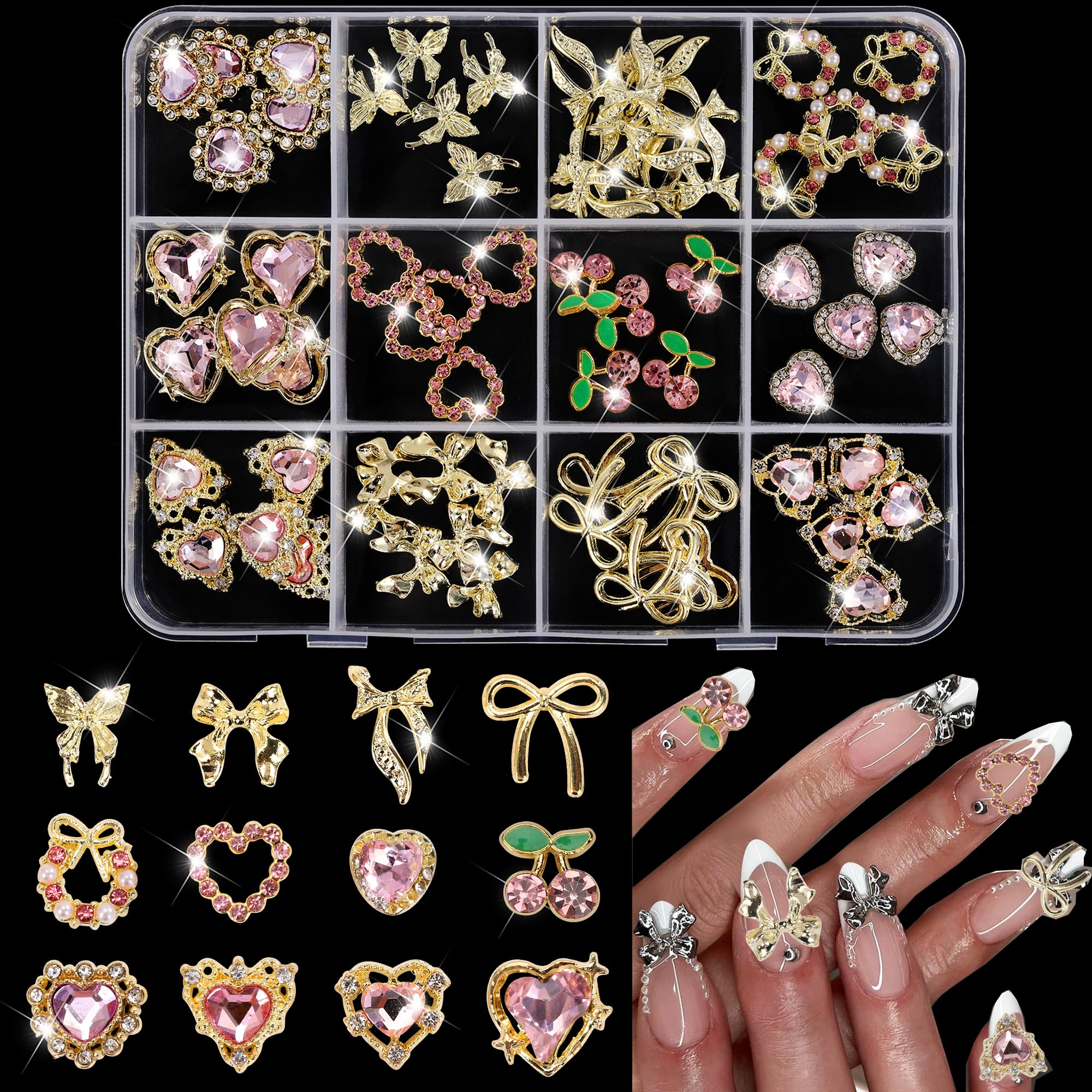 60 Pcs Heart Nail Charms, Pink Cherry Planet Nail Art Gems Rhinestone, Butterfly Bow Charms Decorations Sailor Moon Acrylic Nail Accessories for Women DIY Crafts 2-image-44