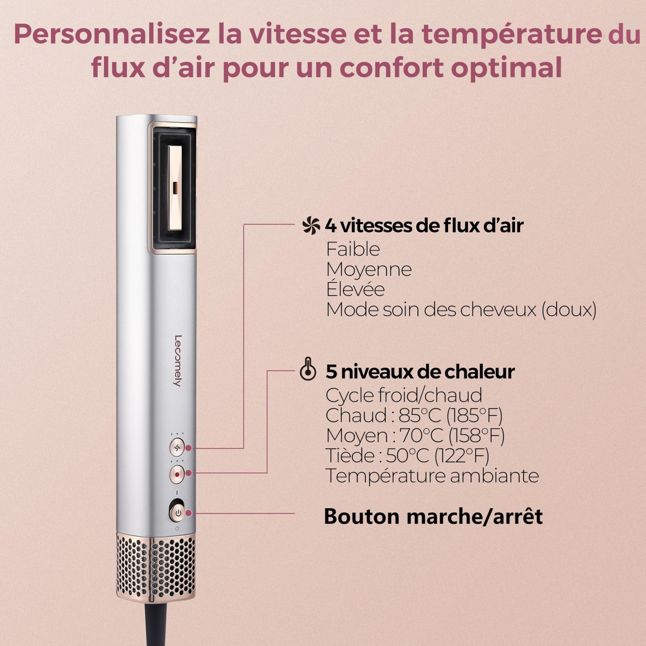 X2 Sèche cheveux 3 en 1, haute vitesse 110000 tm, femme, protection cheveux, hydro ionique, anti-frisottis,léger, brosse, concentrateur, Compacte et portable, Idéal voyage, Gris.