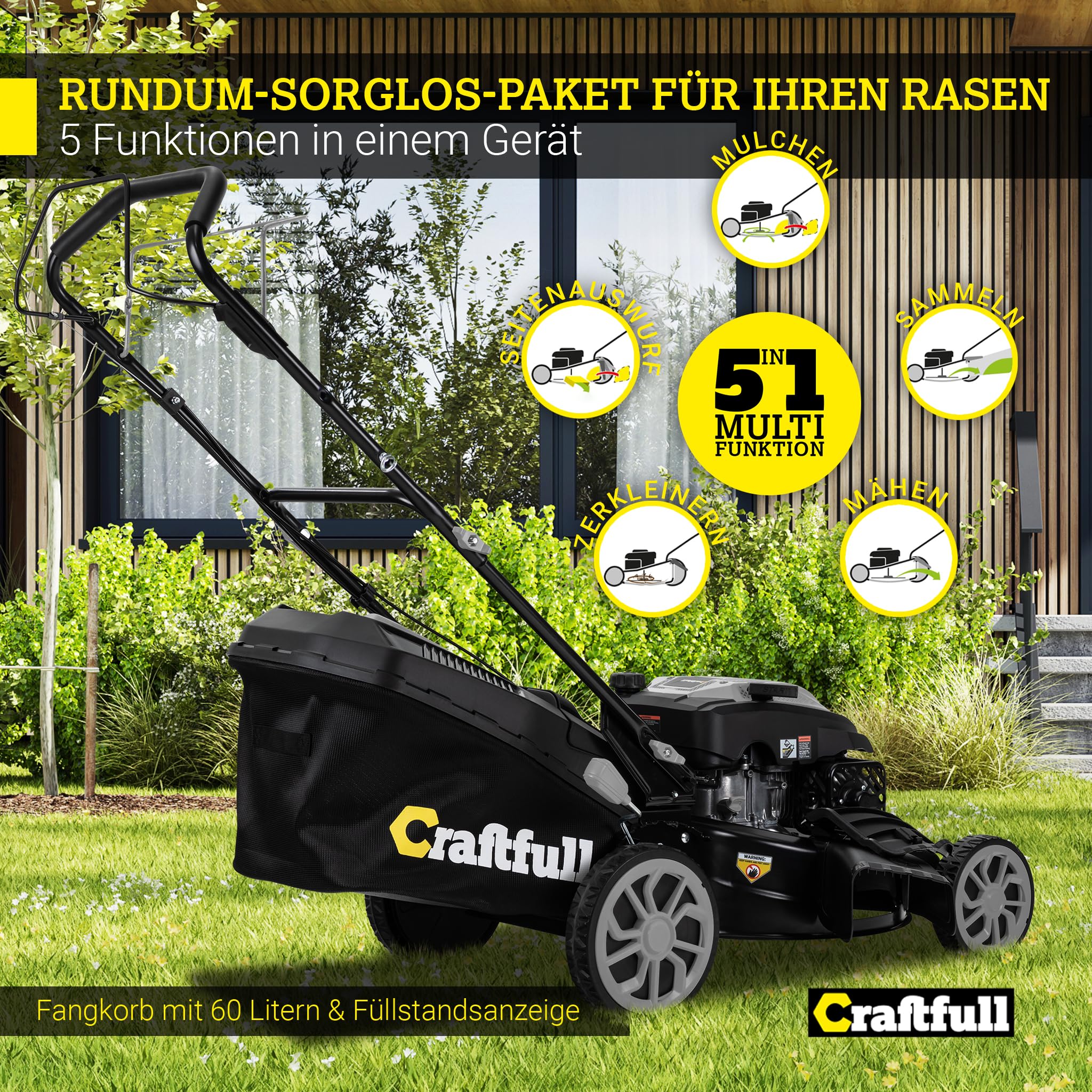 Craftfull Benzin Rasenmäher CR-224-30 | 5,1 KW 7 PS | 223 cm³ OHV Motor | Benzinrasenmäher - Mäher - Selbstfahrantrieb - 53 cm Schnittbreite in 7 Höhenstufen (CR-224-30 5,1 KW 7 PS 223 cm³ Motor Grau)