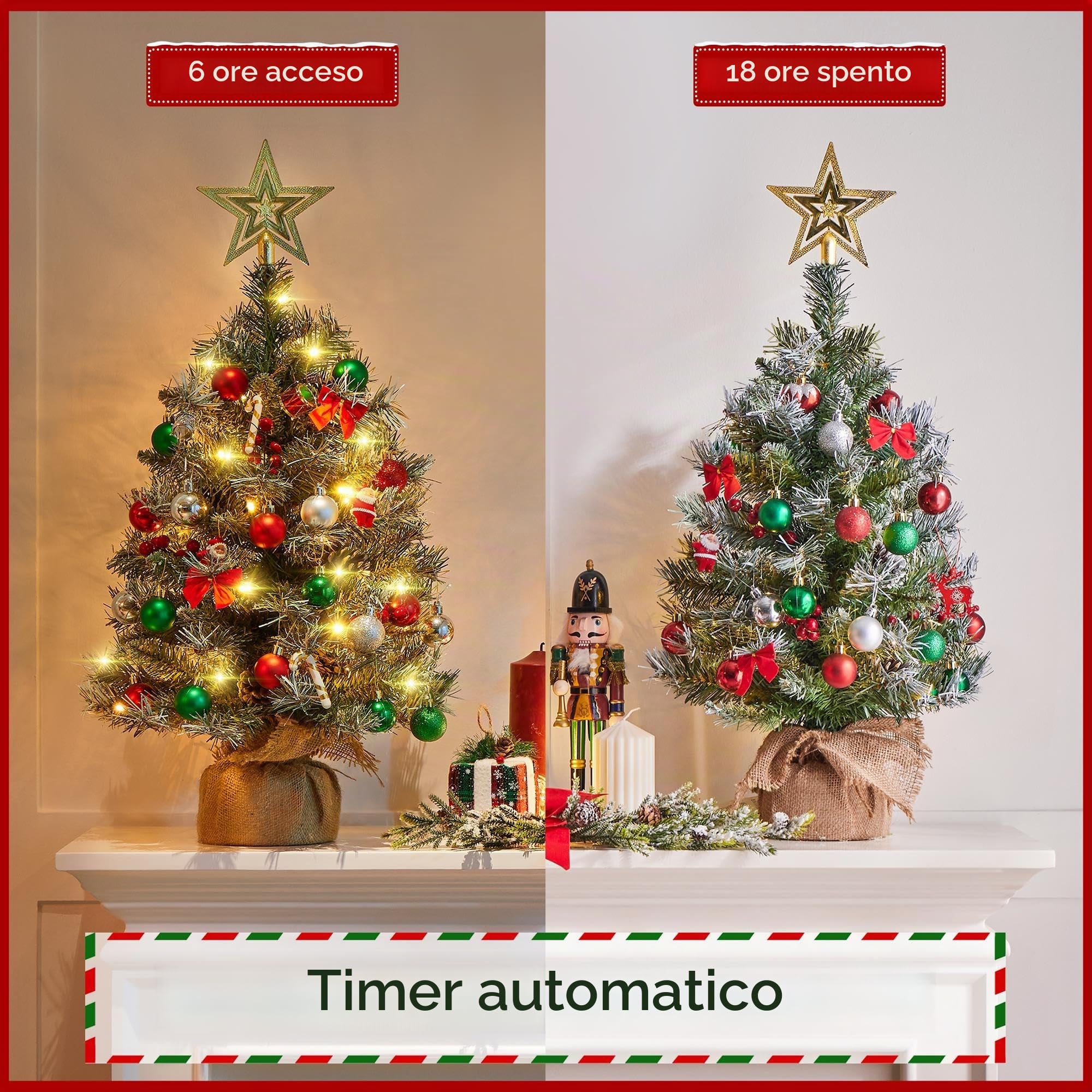 Yaheetech Set di 2 Mini Albero di Natale da 61 cm Piccolo Albero Innevato con 35 Luci a LED 42 Bacche Rosse e 6 Pigne Ideale per Decorazioni Interni