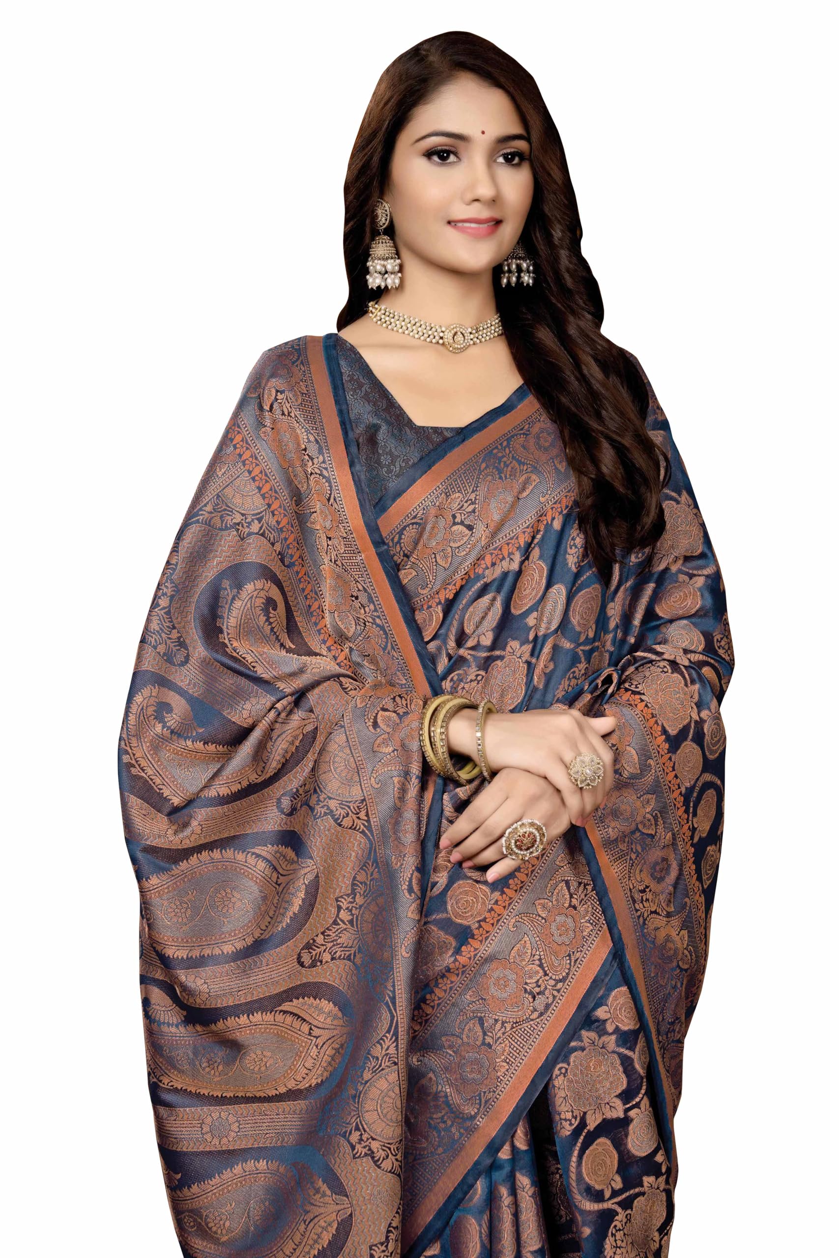 Sugathari Women's Navy Blue Kanjivaram Banarasi Silk Saree For Patola Festival Wedding Silk With Rich Pallu Design Sarees For Women With Blouse Piece (Rajana N Blue)