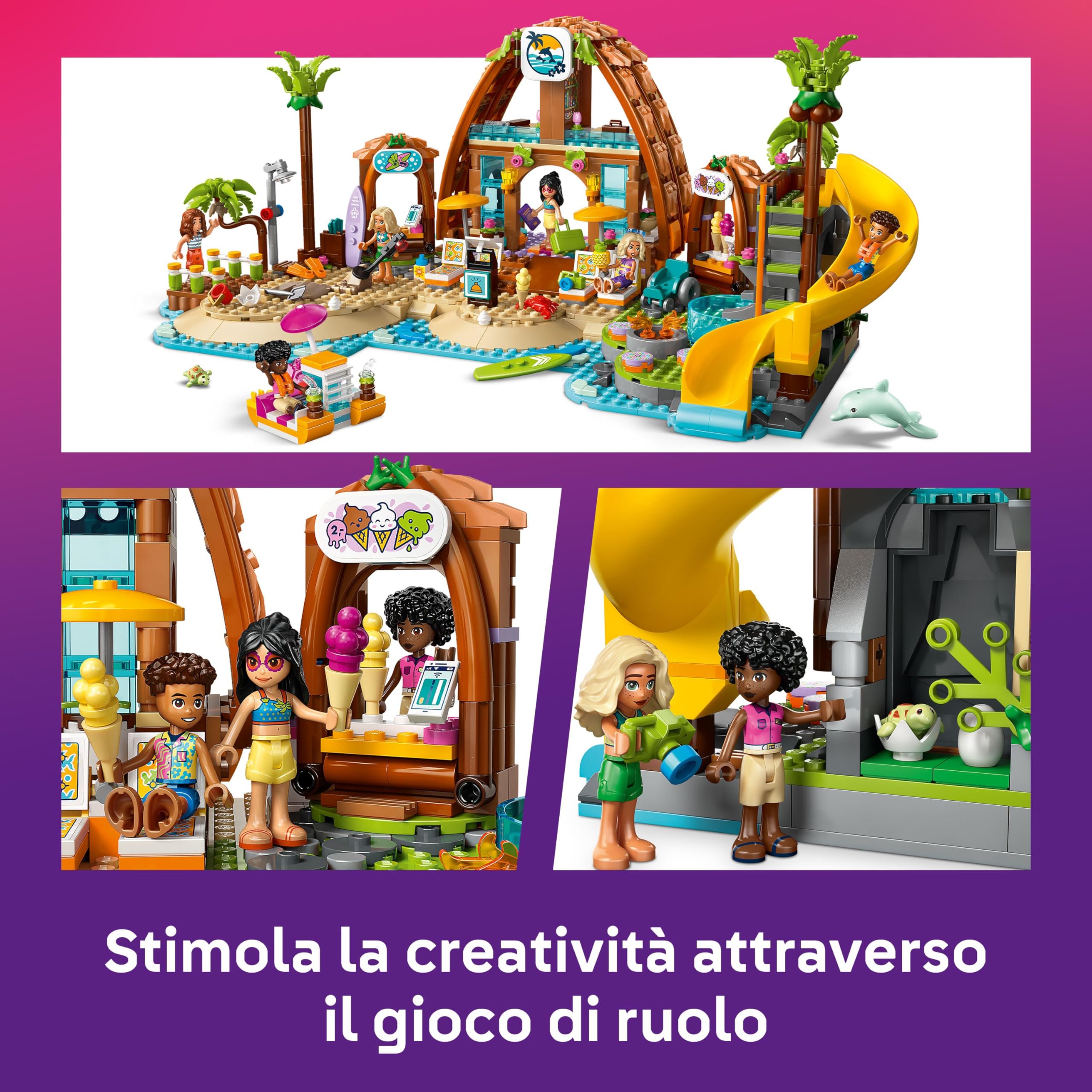LEGO Friends Vacanza al Beach Resort - Gioco con 6 Mini Bamboline, Animali Giocattolo come Tartaruga e Delfino, Chiosco dei Gelati e Accessori - Regalo di Compleanno per Bambine da 8 Anni - 42673