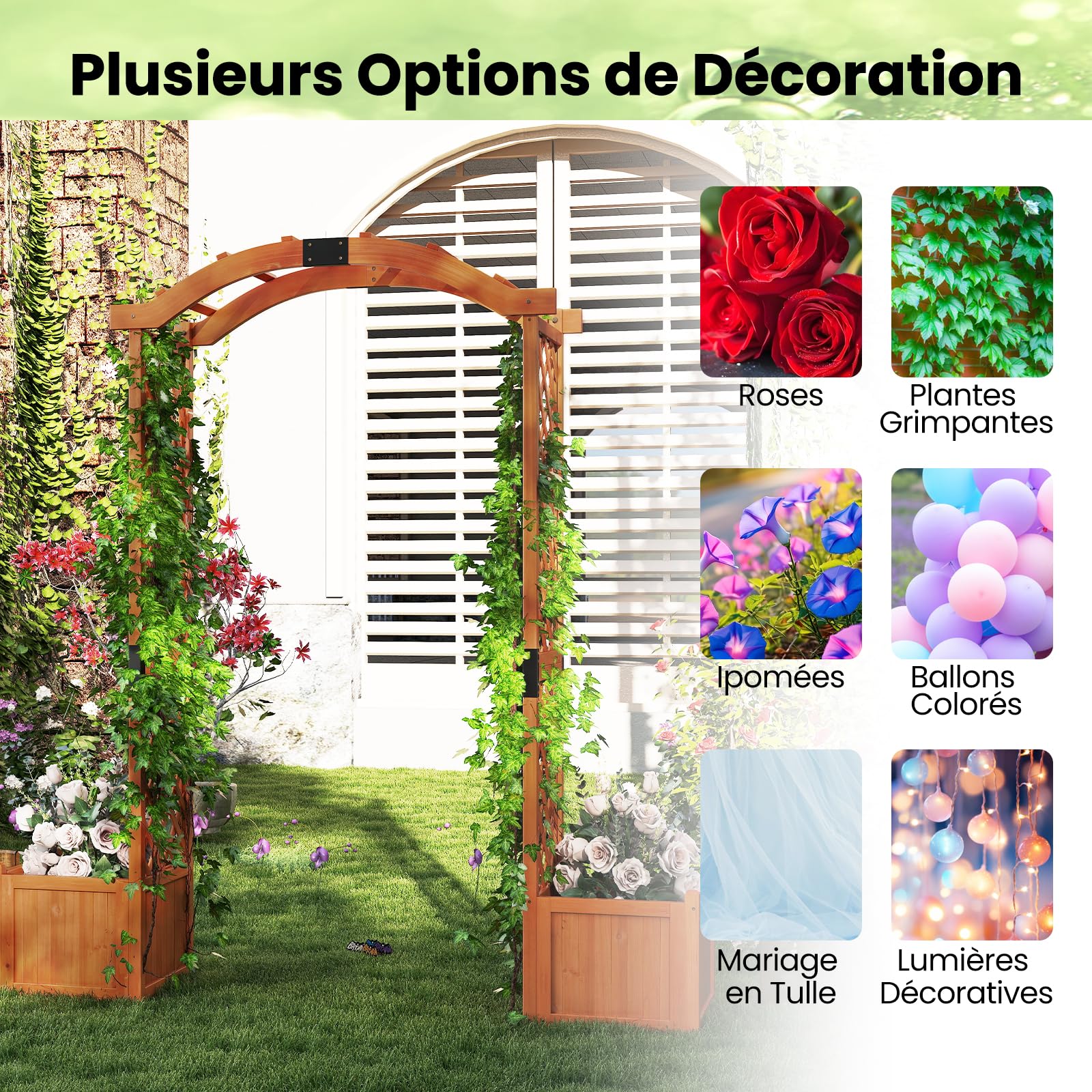 GOPLUS Arche de Jardin avec 2 Jardinières Surélevées 200CM,Jardinières avec Treillis Arqué pour Plantes Grimpantes Fleurs Herbes Légumes Fruits en Bois Massif, Porte Allée Jardin