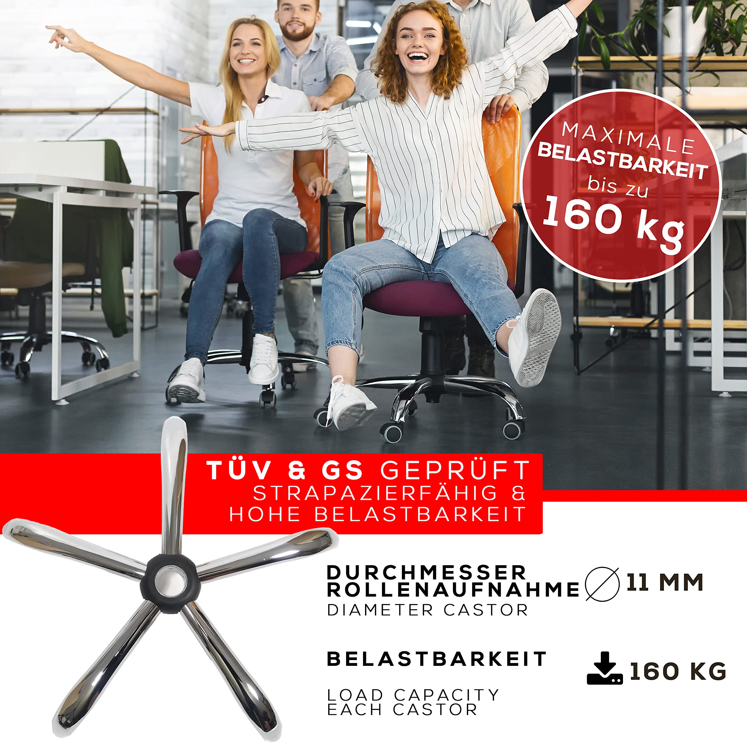 Bürostuhl Fußkreuz aus Stahl in Chrom, Hohe Belastbarkeit, Drehkreuz fuß für Bürostuhl, Geeignet für 11mm x 22mm Rollen und 50mm Gasfeder, Gaming Stuhl Ersatzteil