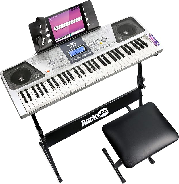 RockJam 61 Key Keyboard Piano Kit with Digital Piano Bench, Electric Piano Stand, Headphones Piano Note Stickers & Simply Piano Lessons, Grey
