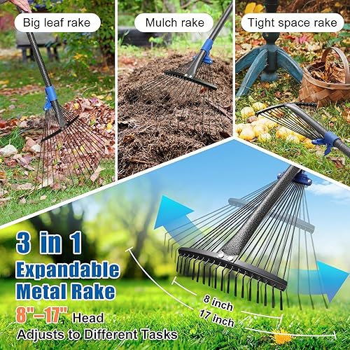 Miniatura 3 de Rastrillo de jardín con cabezal expandible de 9.5 a 17 pulgadas, rastrillo de hojas de metal resistente con mango de 67 pulgadas, rastrillos de