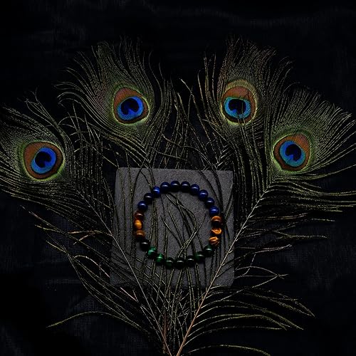 Miniatura 3 de POZANKI Pulsera de cristal natural con diseño de plumas de pavo real para protección de chakras, pulsera de ojo de tigre morado y amarillo, pulsera