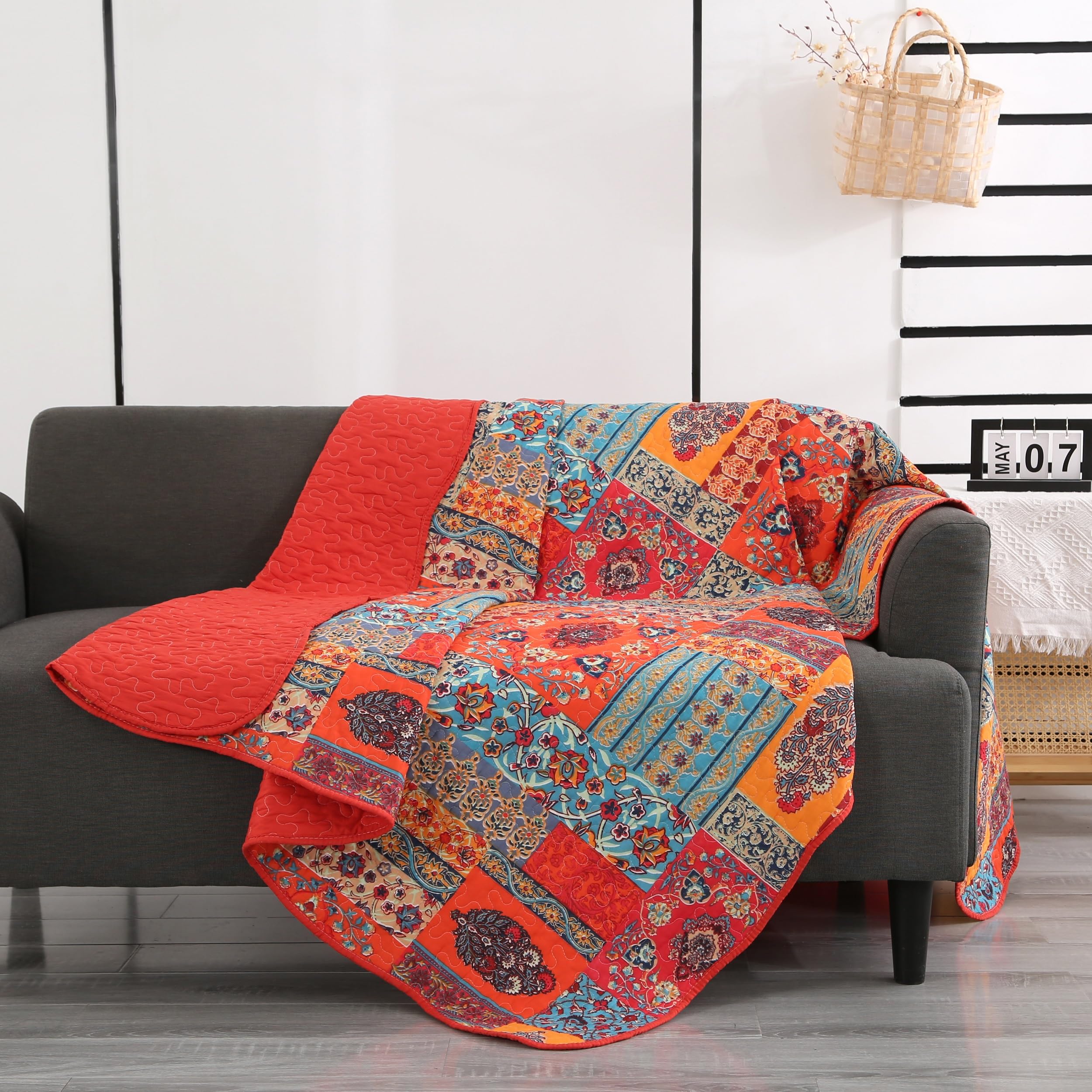 Qucover Tagesdecke Shabby chic 140 x 200 cm Patchwork Bettüberwurf 150x200 aus Baumwolle Gesteppte Decke für Einzelbett, Patchworkdecke, Boho Decke, Sofa Überwurfdecke