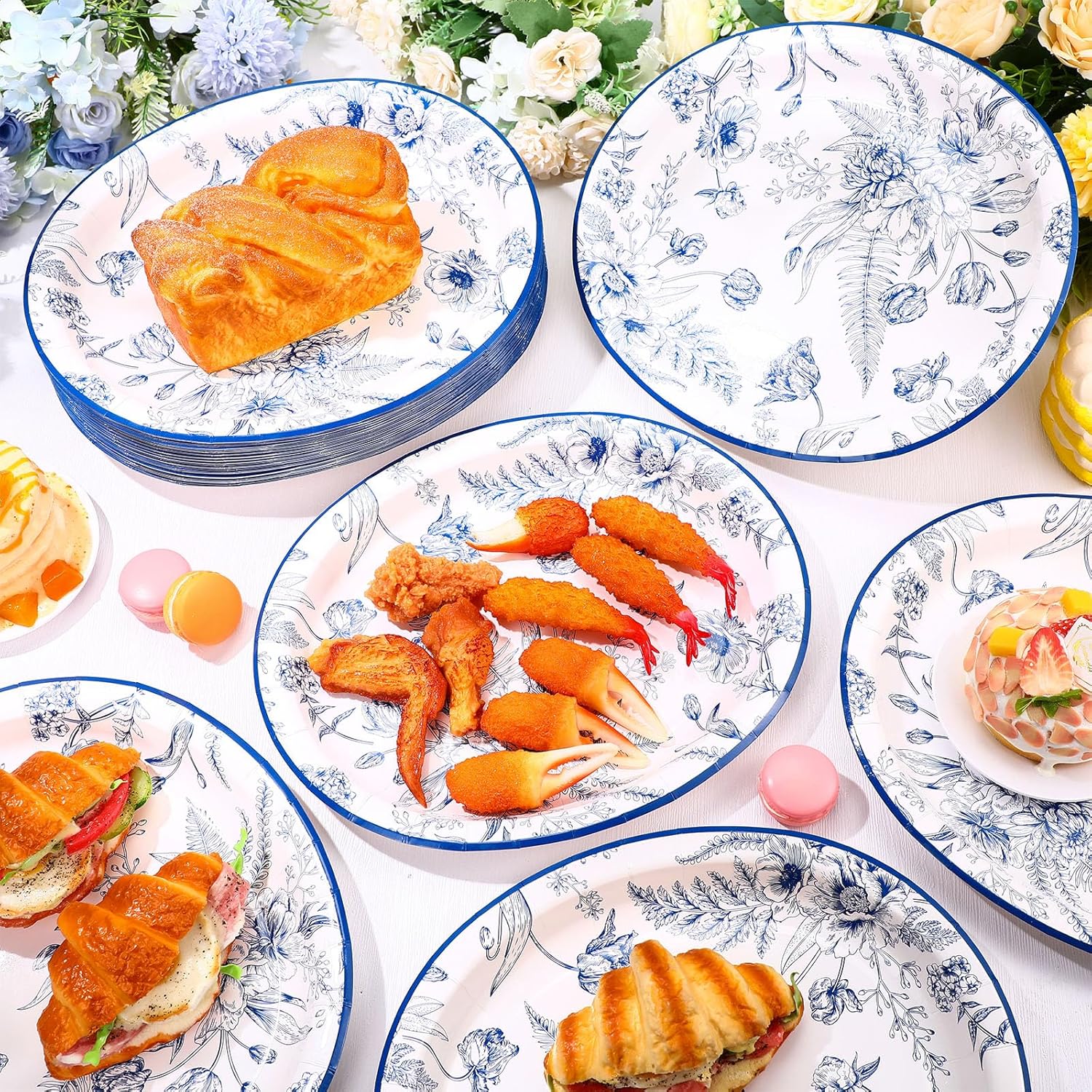 Funnymoom 50 Pcs Blue Floral Oval Paper Plates for Baby Bridal Shower Party Supplies 10" x 12" Floral Disposable Plates Vintage Dinner Serving for Wedding Birthday Bridal Tea Party Supplies