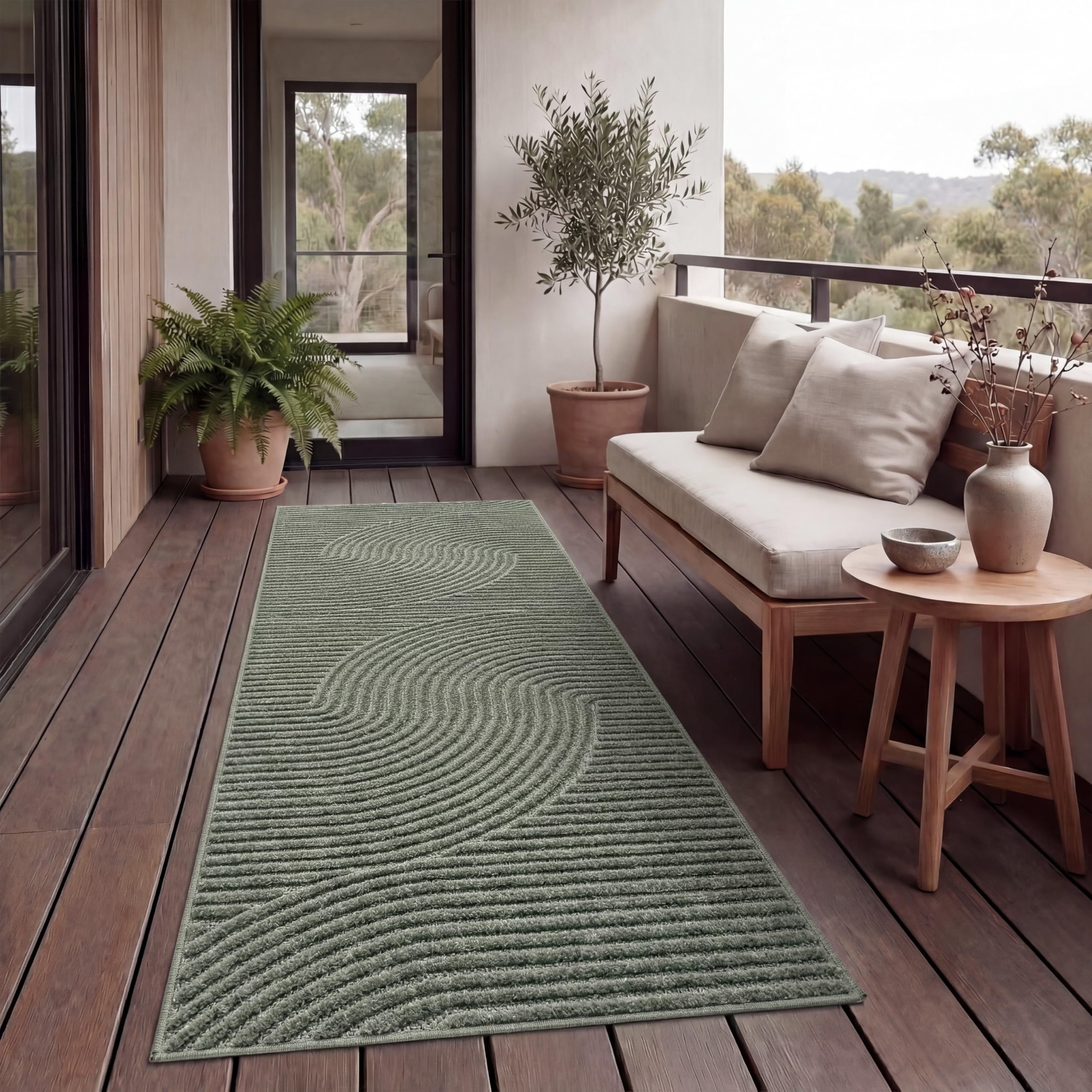 Paco Home Teppich Outdoor Wetterfest, Moderne abstrakte Boho Designs mit 3D Struktur, Pflegeleicht, ideal für Terrasse Wohnzimmer & Küche, Grösse:80x250 cm, Farbe:Grün