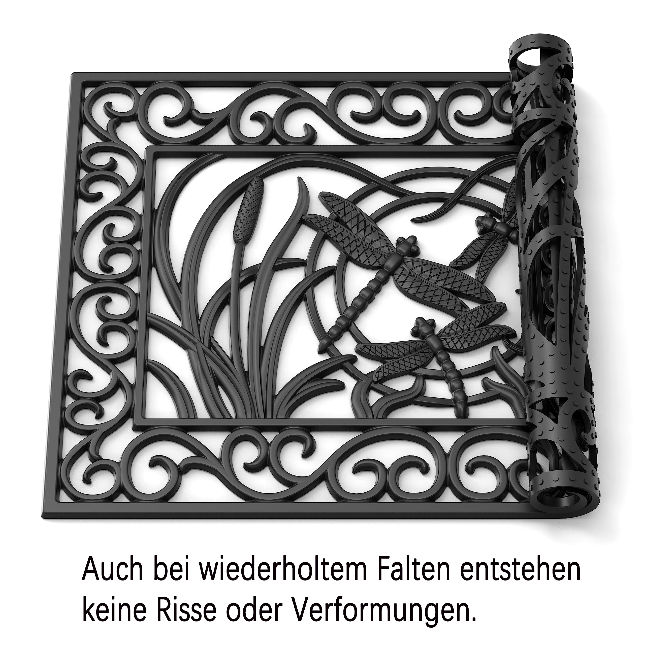 Fußmatte Outdoor Schmutzfangmatte Fußabstreifer Fußabtreter aus Gummi für Außen, langlebige und robuste Gummimatte mit Anti-Rutsch-Funktion (Schwarze Libelle, 75 * 50 cm)