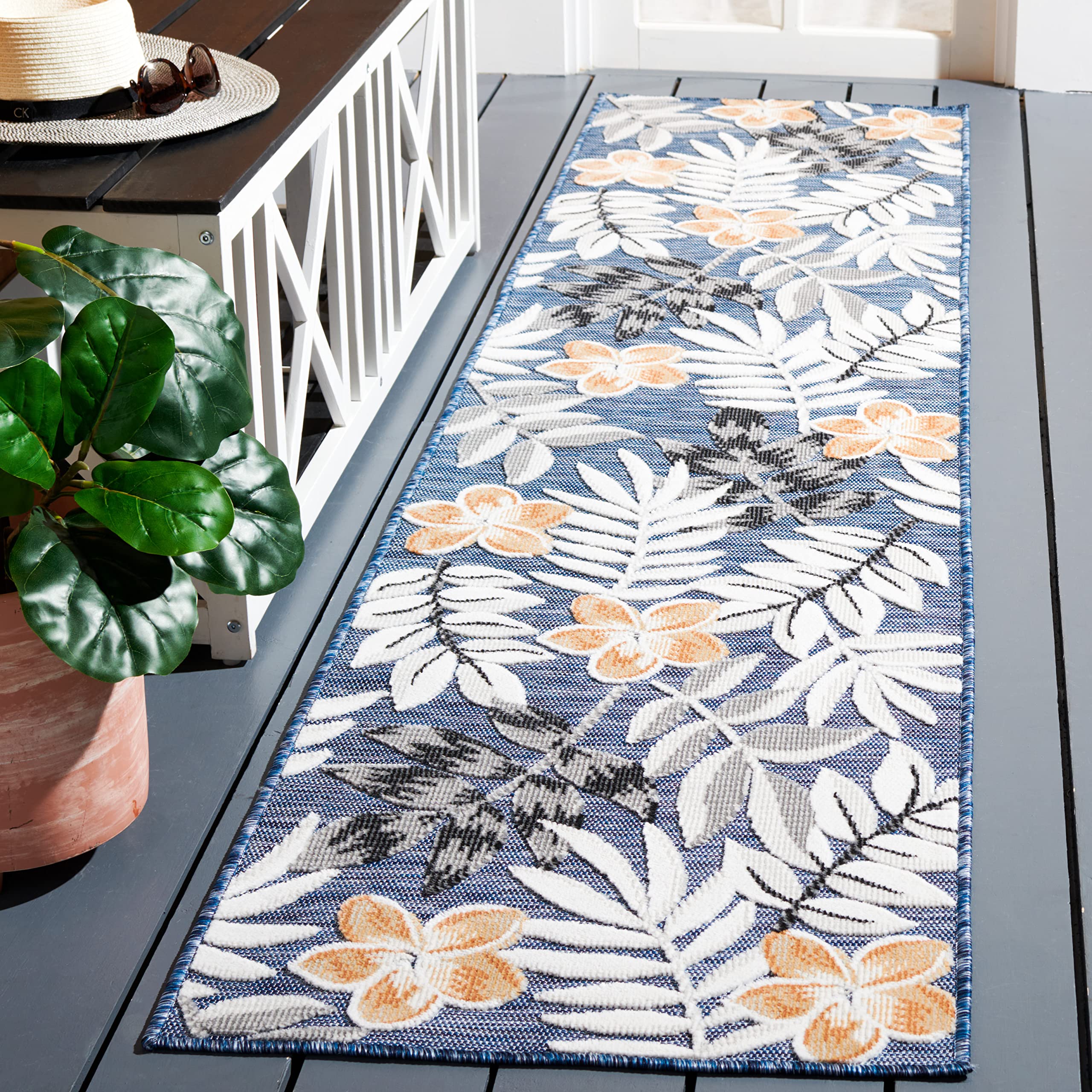SAFAVIEH Washable Rug Outdoor Cabana Collection - 2' x 9' Runner, Blue & Grey, Non-Shedding & Easy to Clean, Ideal for Patio, Backyard, Mudroom (