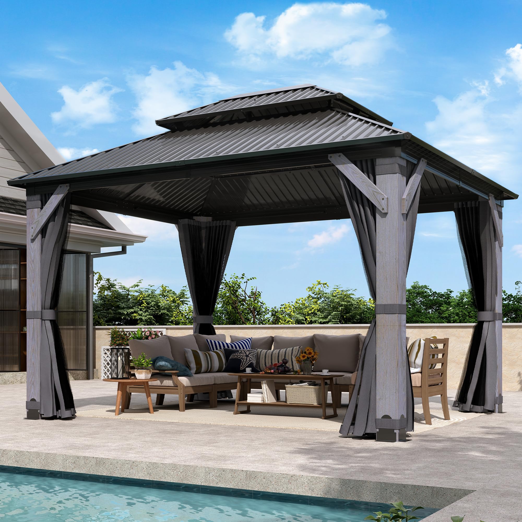 10'x12' Wood Gazebo, Outdoor Hardtop Gazebo with Wood Posts and Galvanized Steel Doule Roof, Wooden Frame Gazebos with Netting and Curtains for Patio,