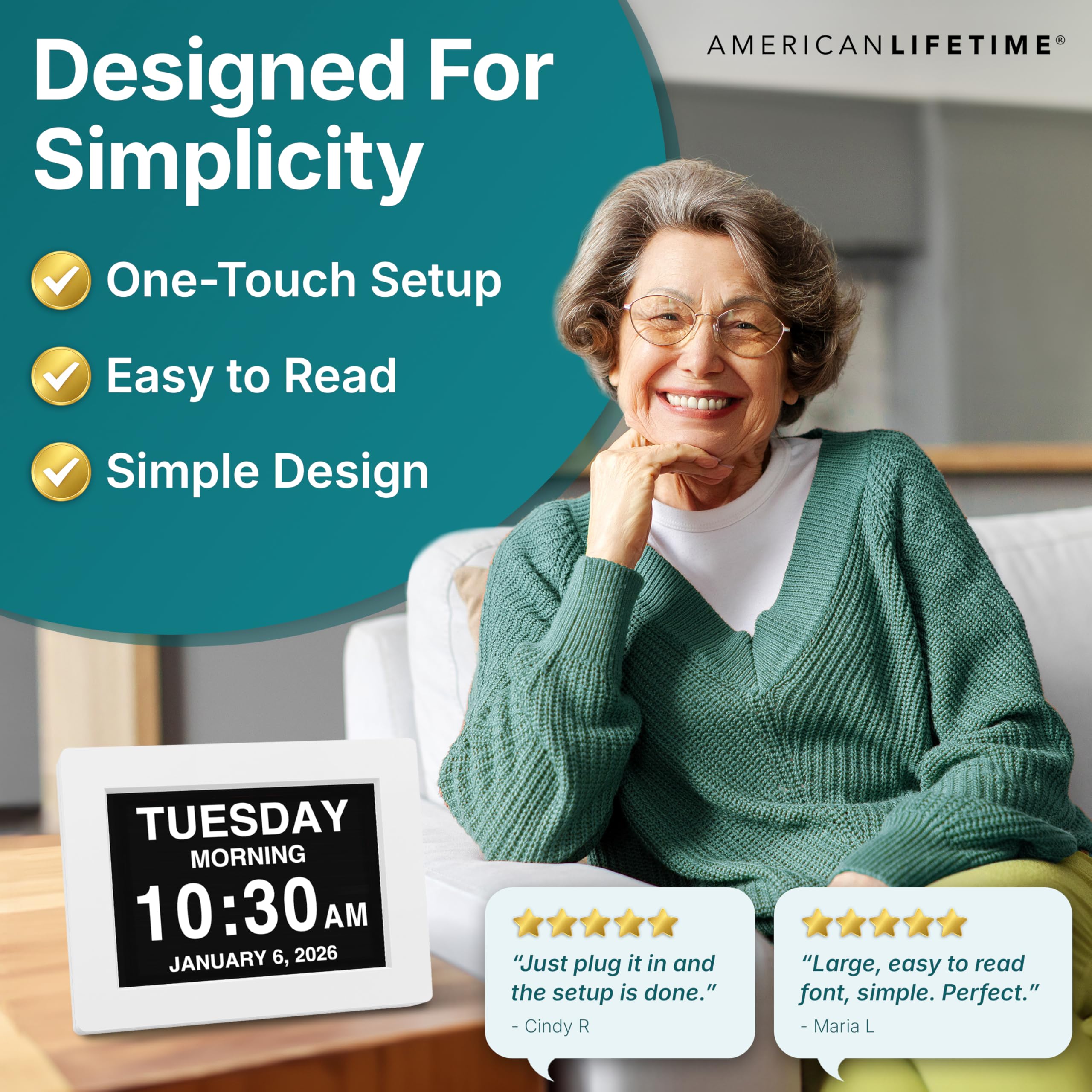 American Lifetime Zegar z demencją, duży zegar cyfrowy dla seniorów, choroba Alzheimera (biały, 8 cali)