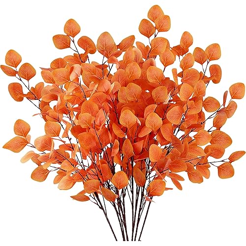 Sggvecsy 6 Pcs Fall Eucalyptus Leaves Artificial Eucalyptus Stems Long Silver Dollar Leaves Autumn Leaf Branches Fake Silk Eucalyptus for Indoor Outdoor Home Autumn Thanksgiving Decor (Light Orange)
