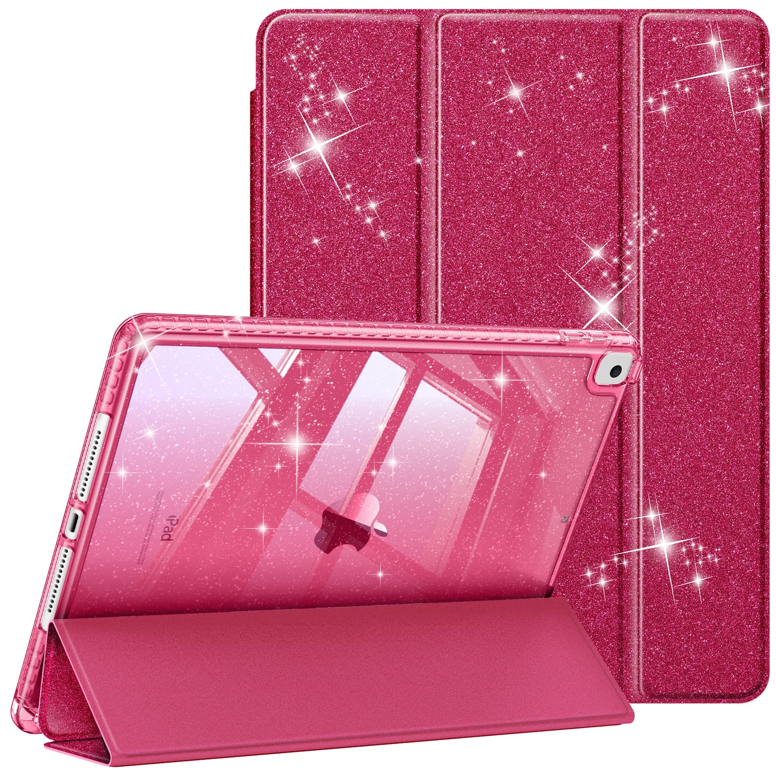 Fintie Glitzer Hülle für iPad 10.2 Zoll 9/8/7 Generation Case (2021/2020/2019 Modell)‌ – Transparente Glitzer-Schutzhülle mit Stifthalter, Stoßfest Glänzender Rückseite & Auto Sleep/Wake, Weinrot