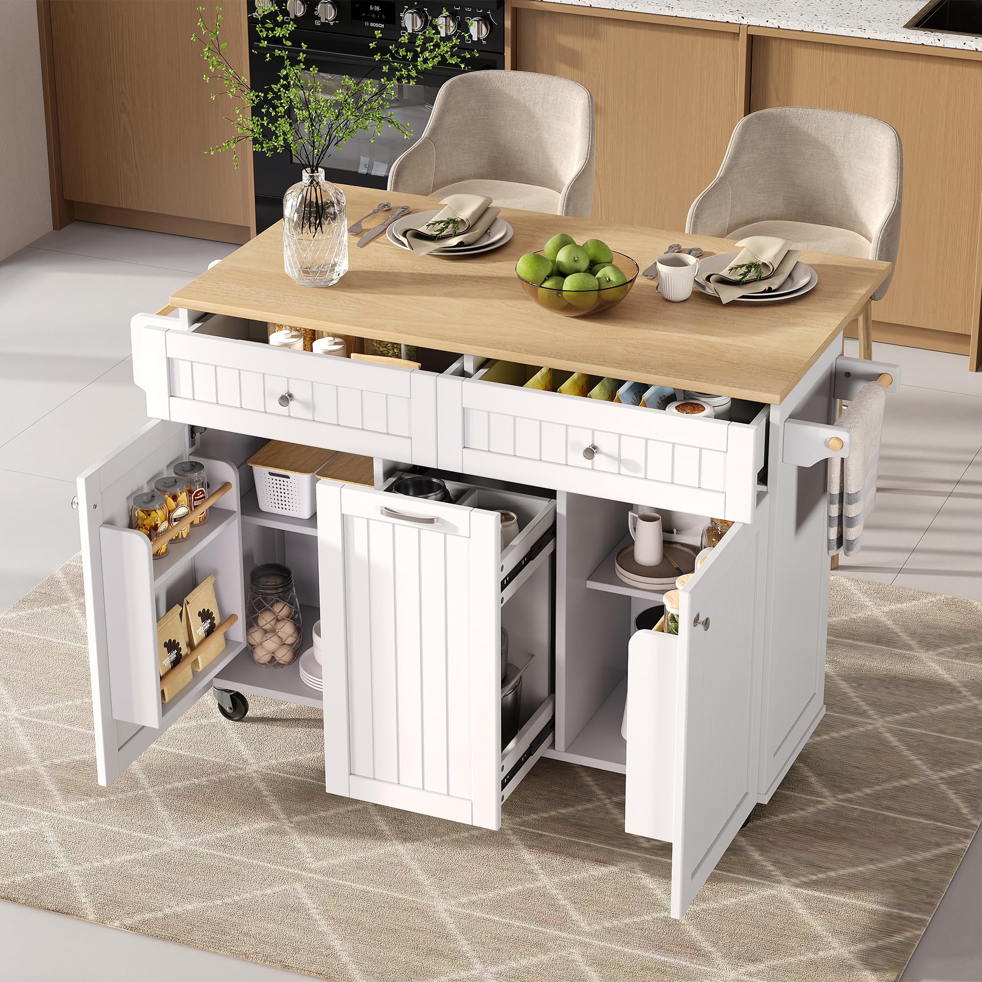 Bladez Isola da Cucina con Ruote e Cassetti, Piano Lavoro Estraibile, Penisola Cucina Multifunzionale con Tavolo, Ideale per Cucina e Sala da Pranzo (Bianco)
