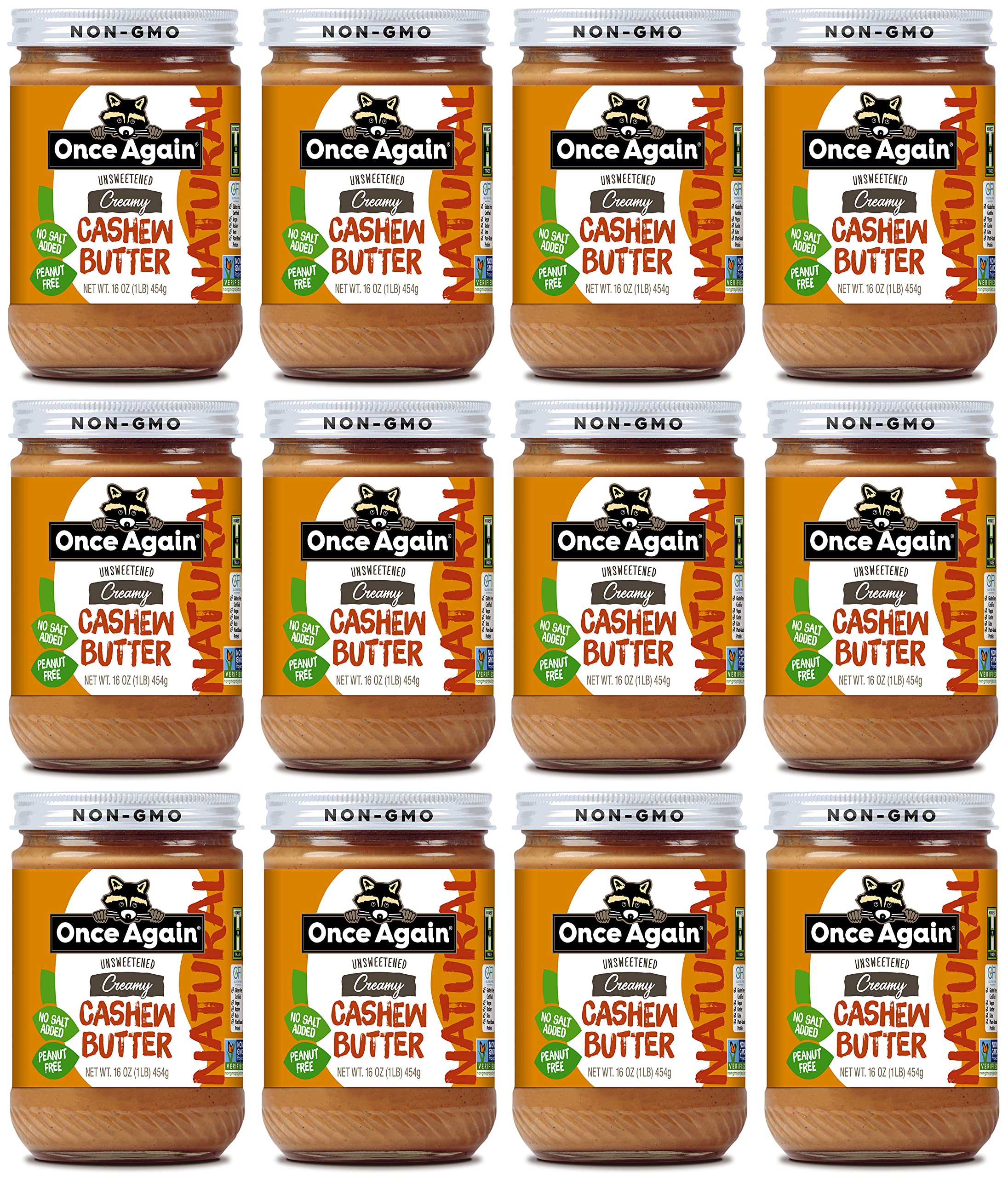 Once Again Natural Creamy Cashew Butter, 16oz - Unsweetened - Peanut Free, Gluten Free Certified, Vegan, Kosher - Glass Jar - Case of 12