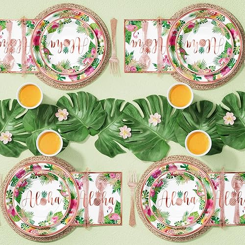 Miniatura 9 de Ecomore Suministros de fiesta de cumpleaños Hawaiian Luau, 246 piezas de vajilla desechables (25 invitados) y decoración de verano tropical para la