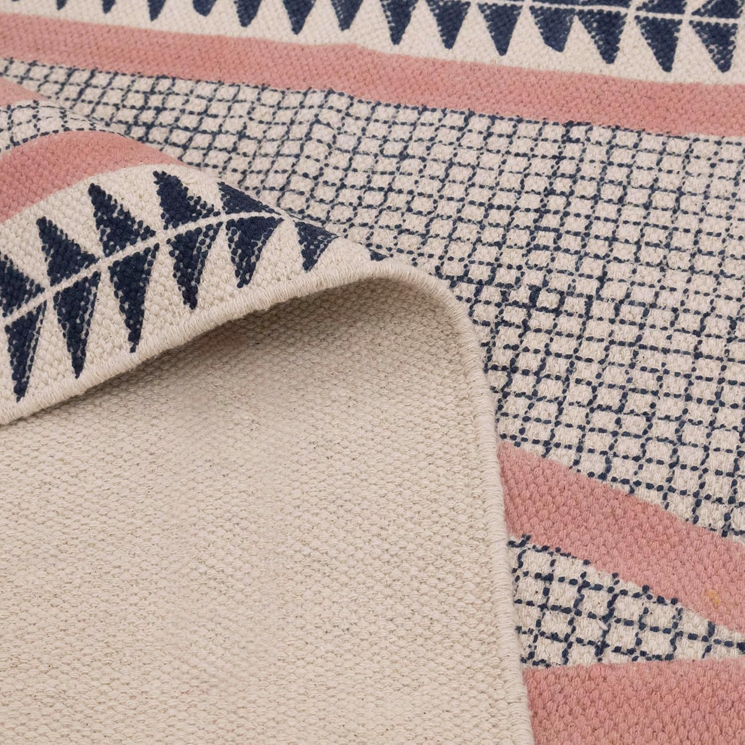 Kilim Area Rugs for 3x5 Feet Flatweave Rug Striped Design Hand Block Printed Cotton Rug Blue Pink Handmade Boho Thick 0.19" Indoor Outdoor Rugs for Bedside Enterway Kitchen | Christmas Room Decor
