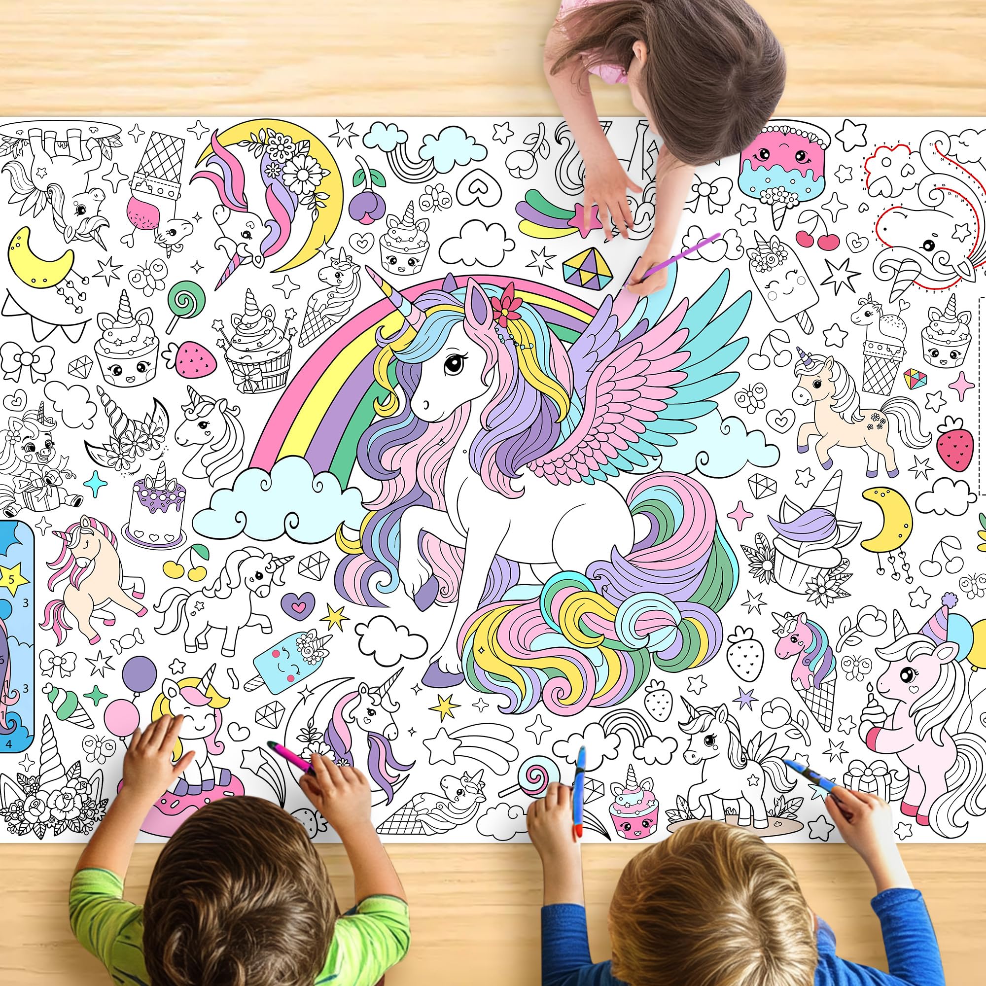 Unicorn Coloring Tablecloth for Kids, Magical 30x72 Inch Poster with Unicorns, Rainbows, Perfect for Girls Birthday Party Games, Fantasy Decorations, Classroom Activities, Event Supplies