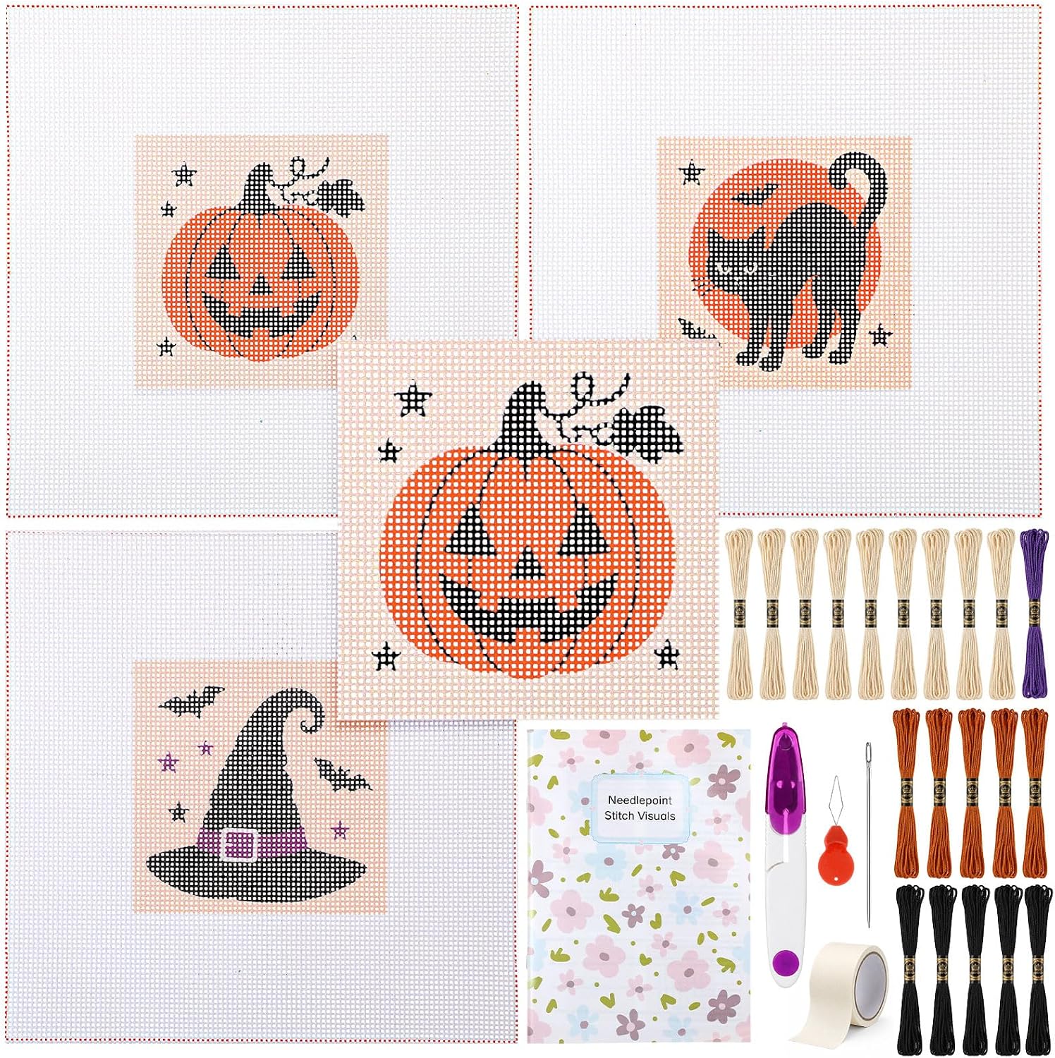 Silipull 3 Pcs Halloween Needlepoint Canvas Kit for Adult, 8 x 8in, 13 Ct
