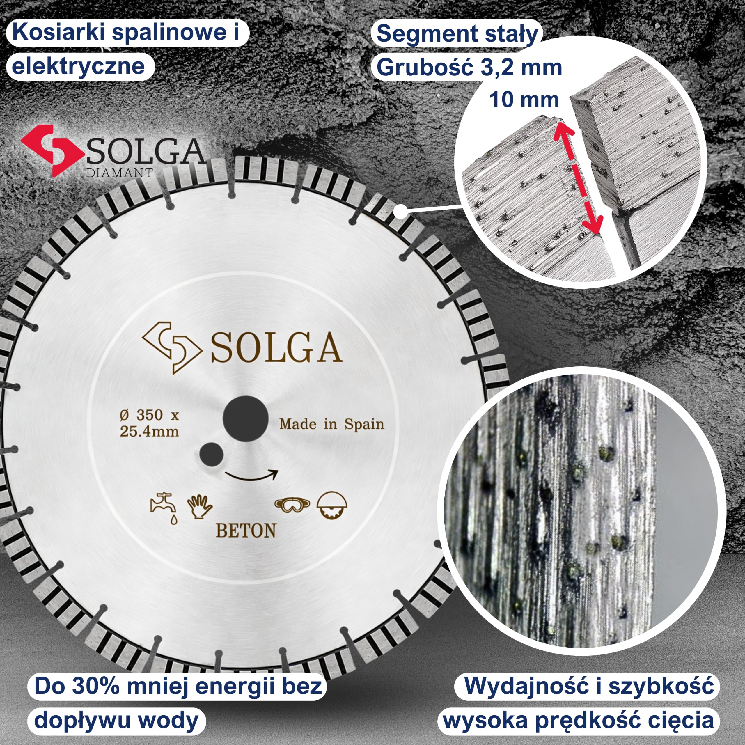 SOLGA DIAMANT Tarcza tnąca 350 mm TURBO, tarcza tnąca 350 mm, diamentowa tarcza tnąca do betonu zbrojonego, betonu, cegły, kamienia, betonu komórkowego, granitu, brzeszczot piły benzynowej,