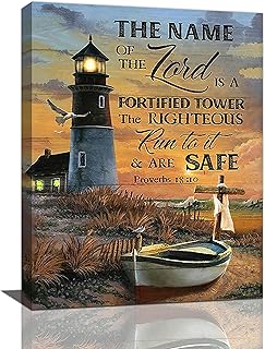 Lighthouse Wall Art Christian Lighthouse Wall Decor Bible Verse Scripture Pictures Canvas Prints Framed Religious Coastal Boat Cross Painting Modern Artwork for Bedroom Living Room Office 12"x16"