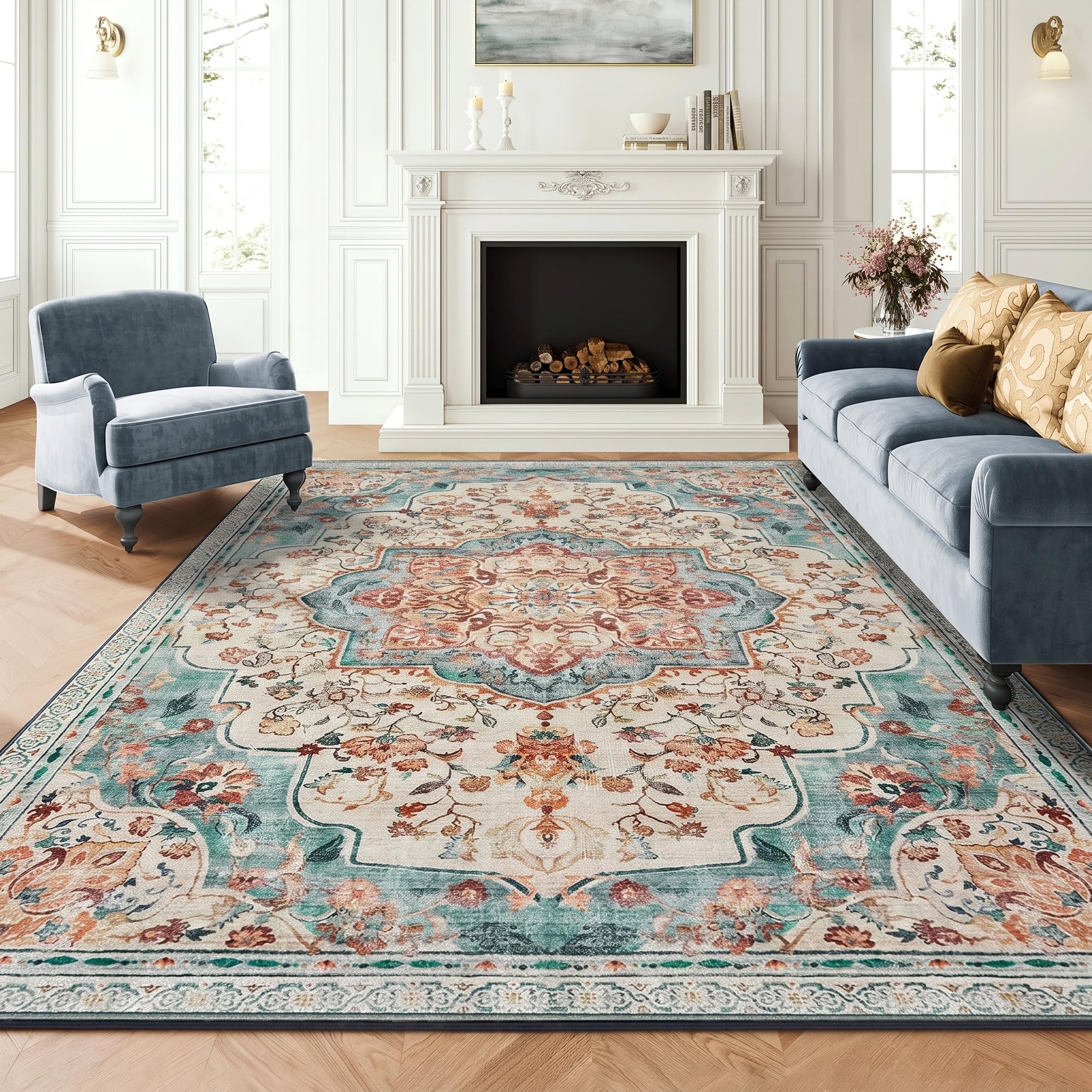 SONGMICS Home Alfombra Vintage Bohemia de Pelo Corto, Antideslizante, Lavable, Plegable, 290 x 200 x 1 cm, para Salón y Dormitorio, Azul Bremen, Colección Verina TAR310Q01