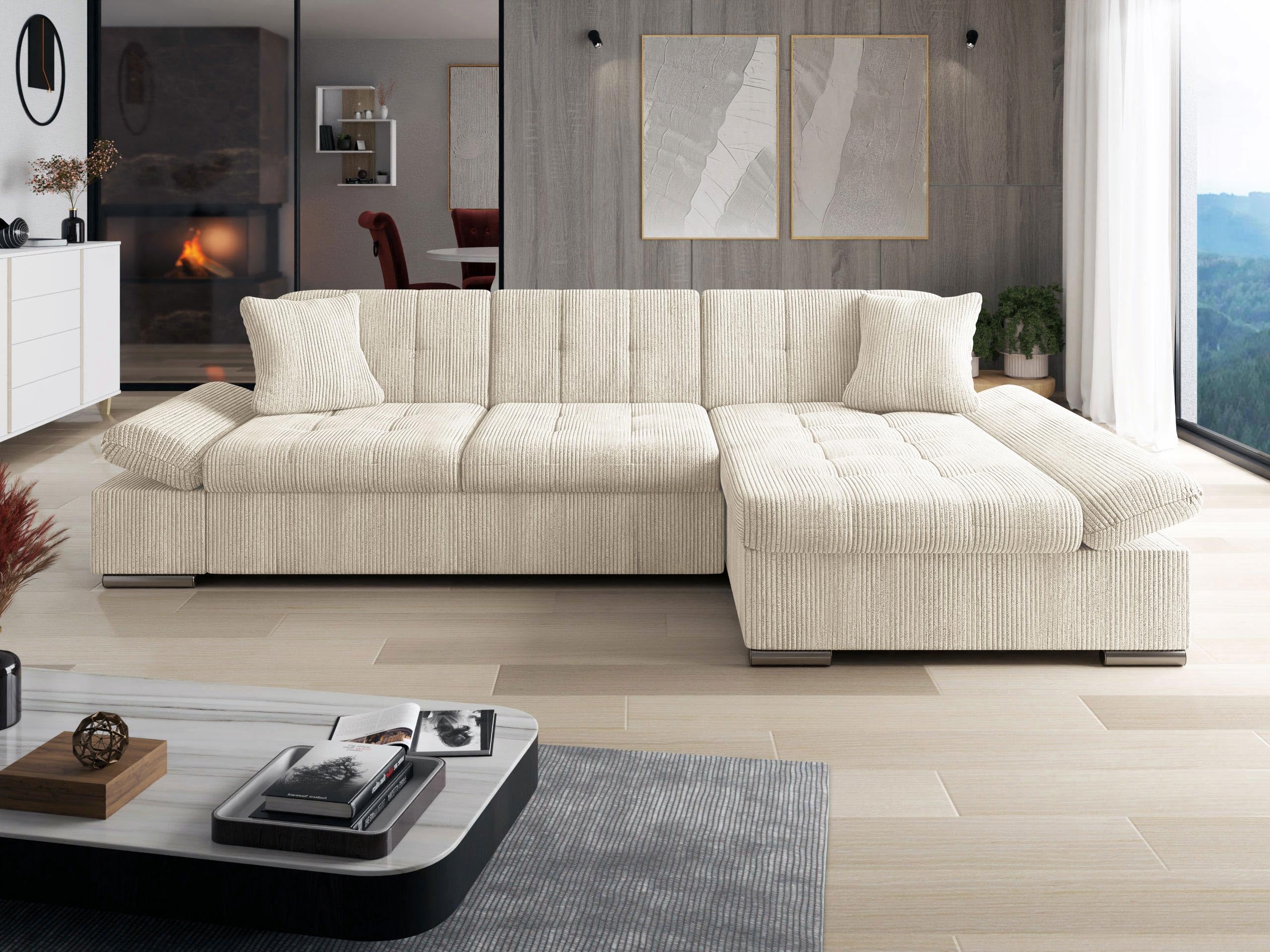 Mirjan24 Ecksofa Malwi Cord mit Regulierbare Armlehnen, L-Form Sofa mit Schlaffunktion und Bettkasten, Design Eckcouch, Wohnlandschaft, Couch (Poso 100, Seite: Rechts)