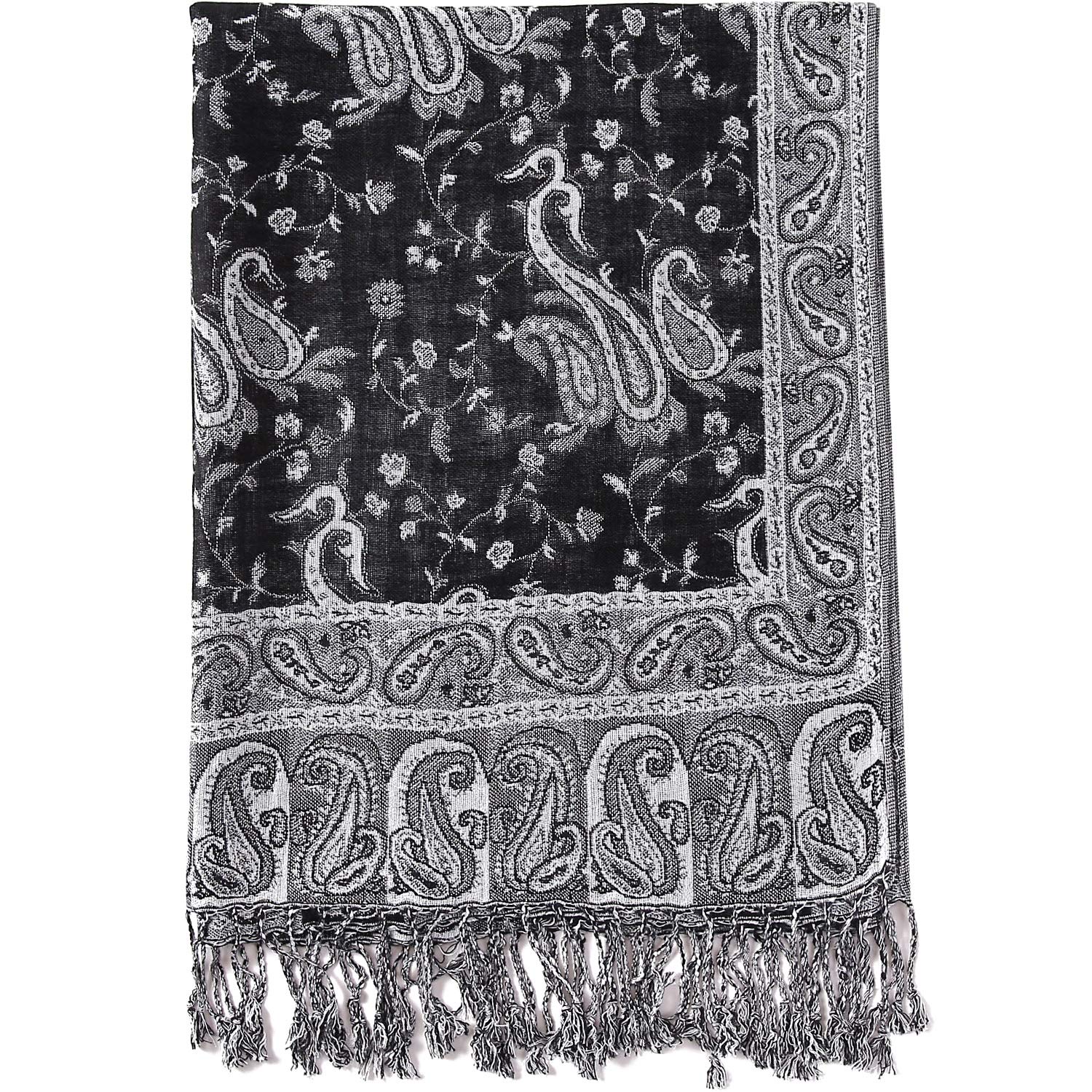 Becolored Paisley Flowers Borders Pattern Pashmina Silk Scarf Shawl Wrap Blanket Reversible Comfortable With Fringes, 24-black White, Large