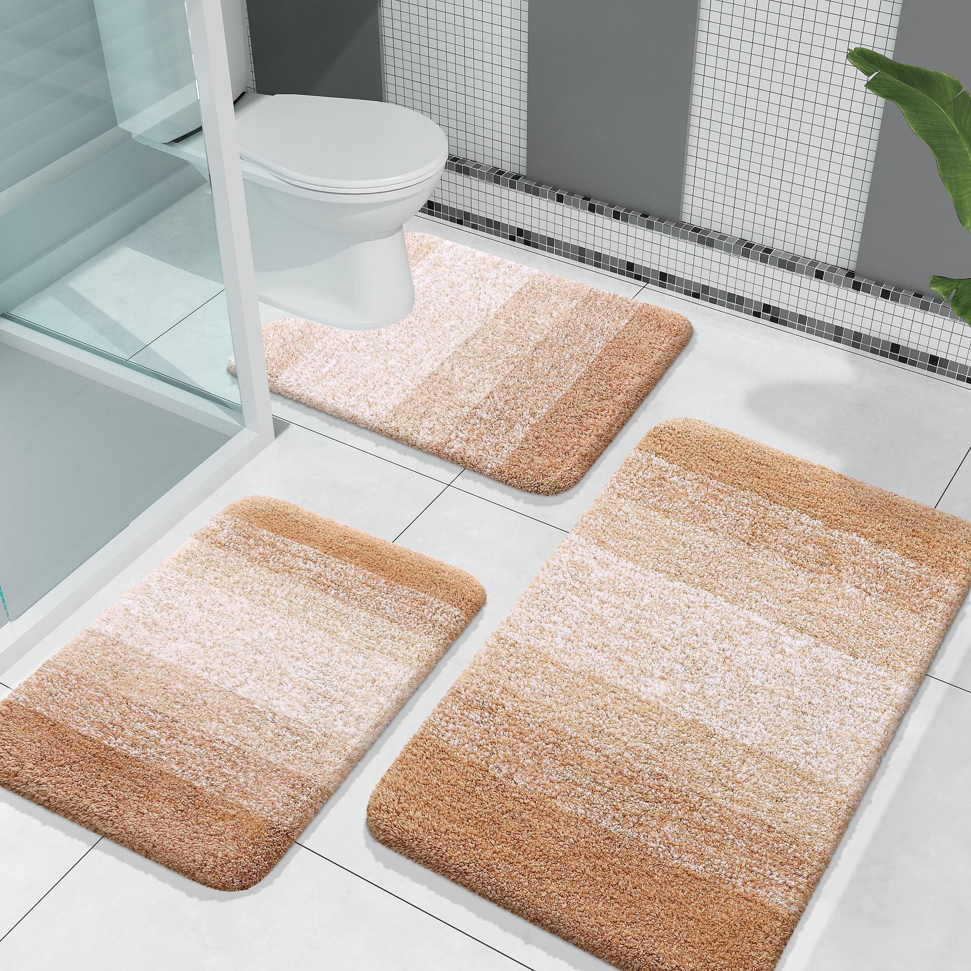 OLANLY Bathroom Rugs Sets 3 Piece, Soft Absorbent Microfiber Bath Rugs and U-Shaped Contour Toilet Rug Area Rug Set, Non-Slip Bath Carpet, Home Decor Accessories, Bath Mat Set for Bathroom, Beige