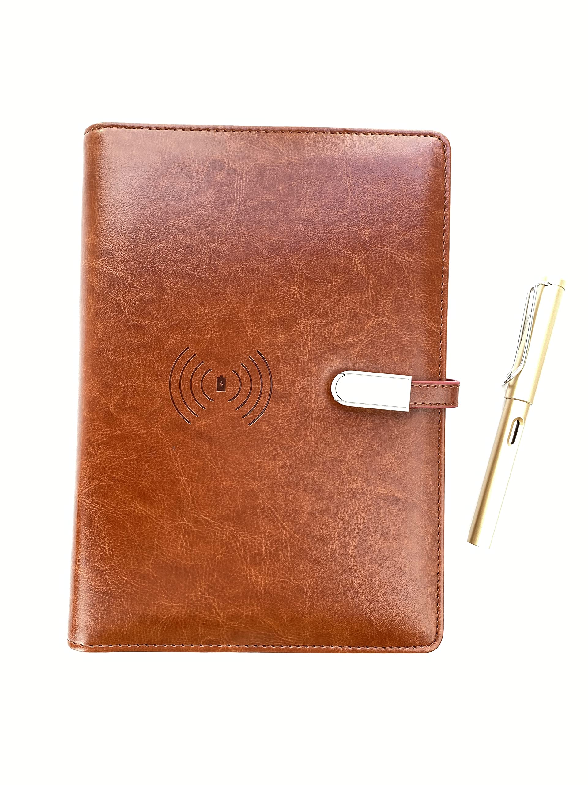 Gifts for Business Travelers Phone Charging Executive Leather Notebook with Qi Wireless Charger, 16 GB USB Thumb Drive, Travel Portfolio Organizer (Brown)