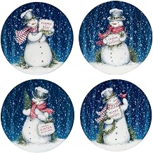 Snowman Greetings Set of 4 Ceramic Dinner Plates Capture winters wonder with cheerful snowmen, festive scarves, and snowy blue backdrops perfect for Christmas meals 11"