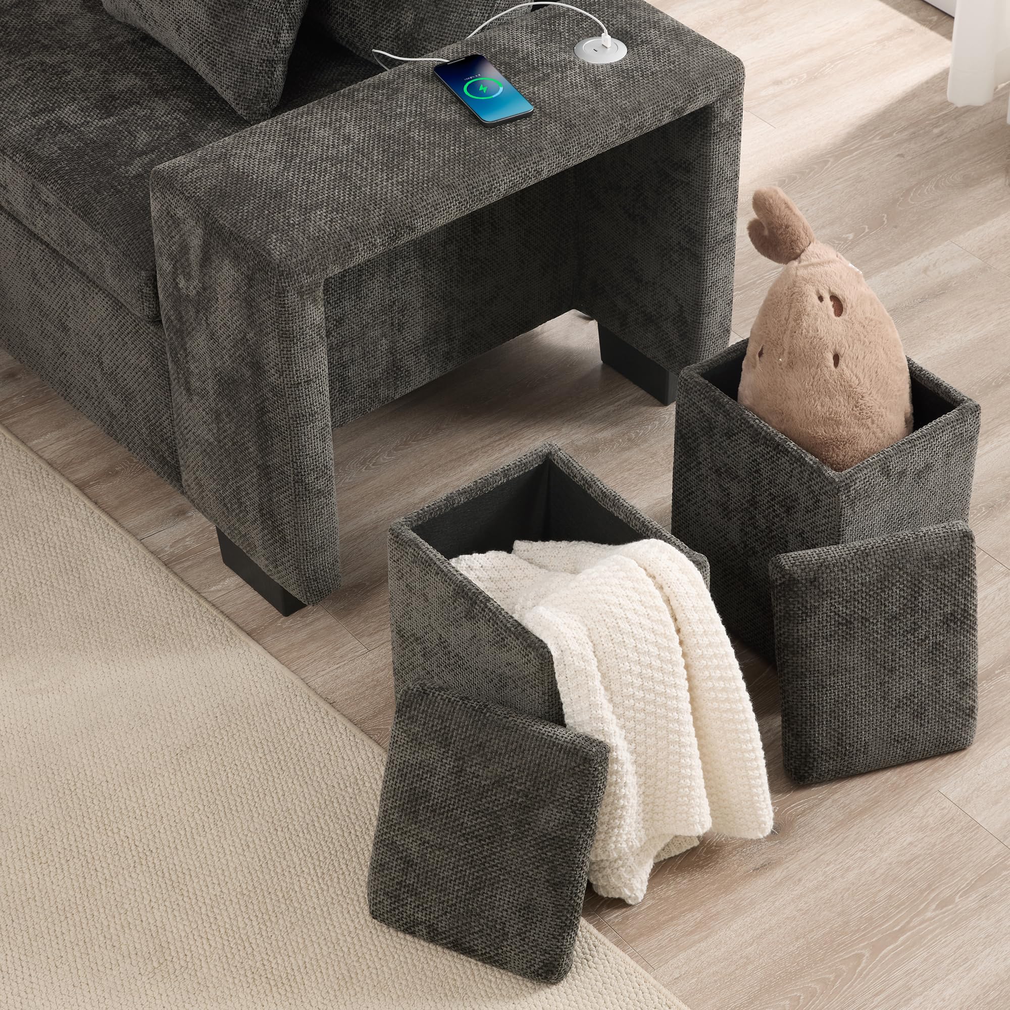 Sofa narożna z funkcją spania i miejscem do przechowywania – modułowa sofa i sofa z funkcją spania, USB-C, uchwyt na napoje, szenilowy, w zestawie poduszki, do salonu, kina domowego, szara