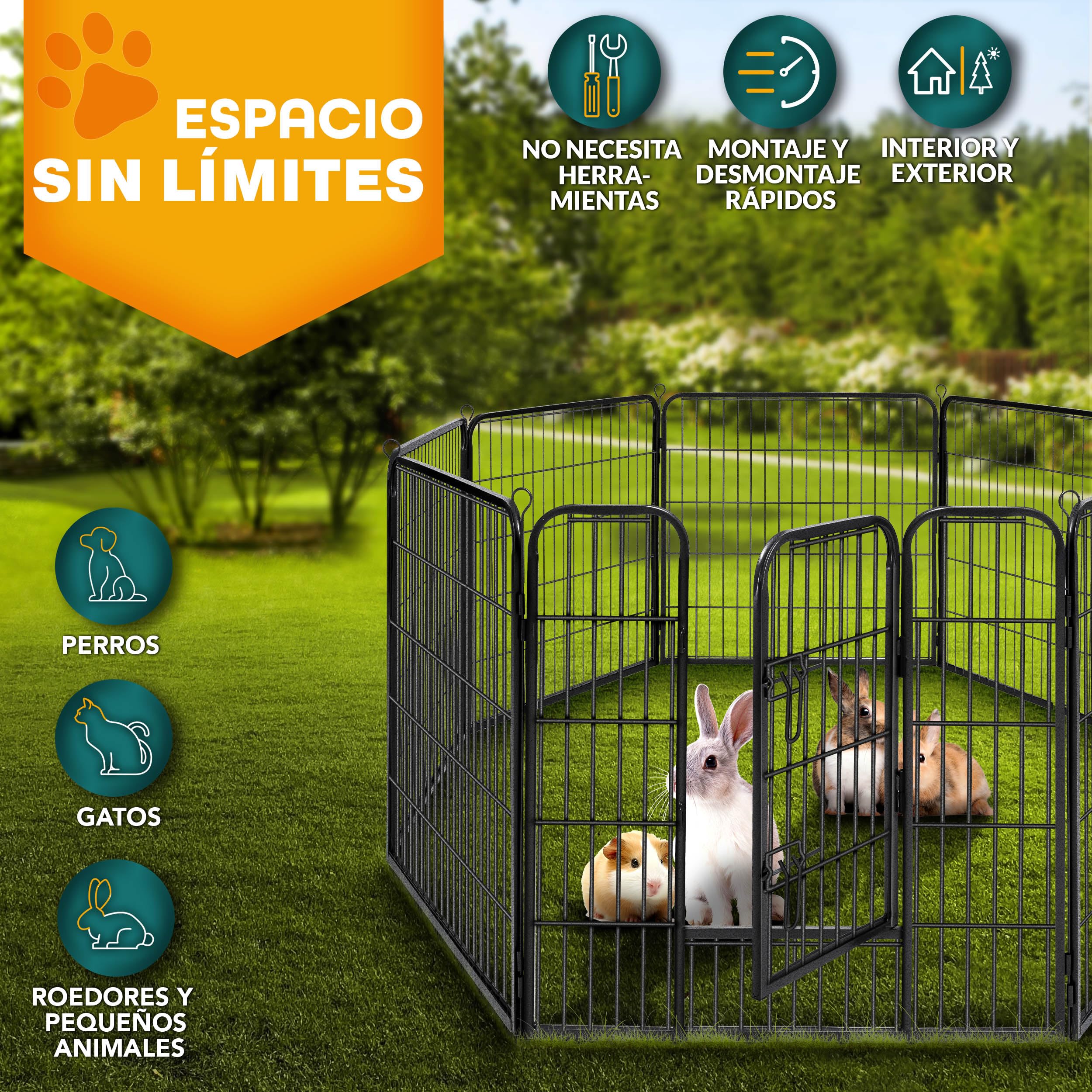 TRESKO® Parque para Cachorros con Techo de 60 cm de Alto con Techo y Anclajes de Tierra, 8 Piezas, Parque Plegable con Puerta, Montaje sin Herramientas, Resistente a la Intemperie