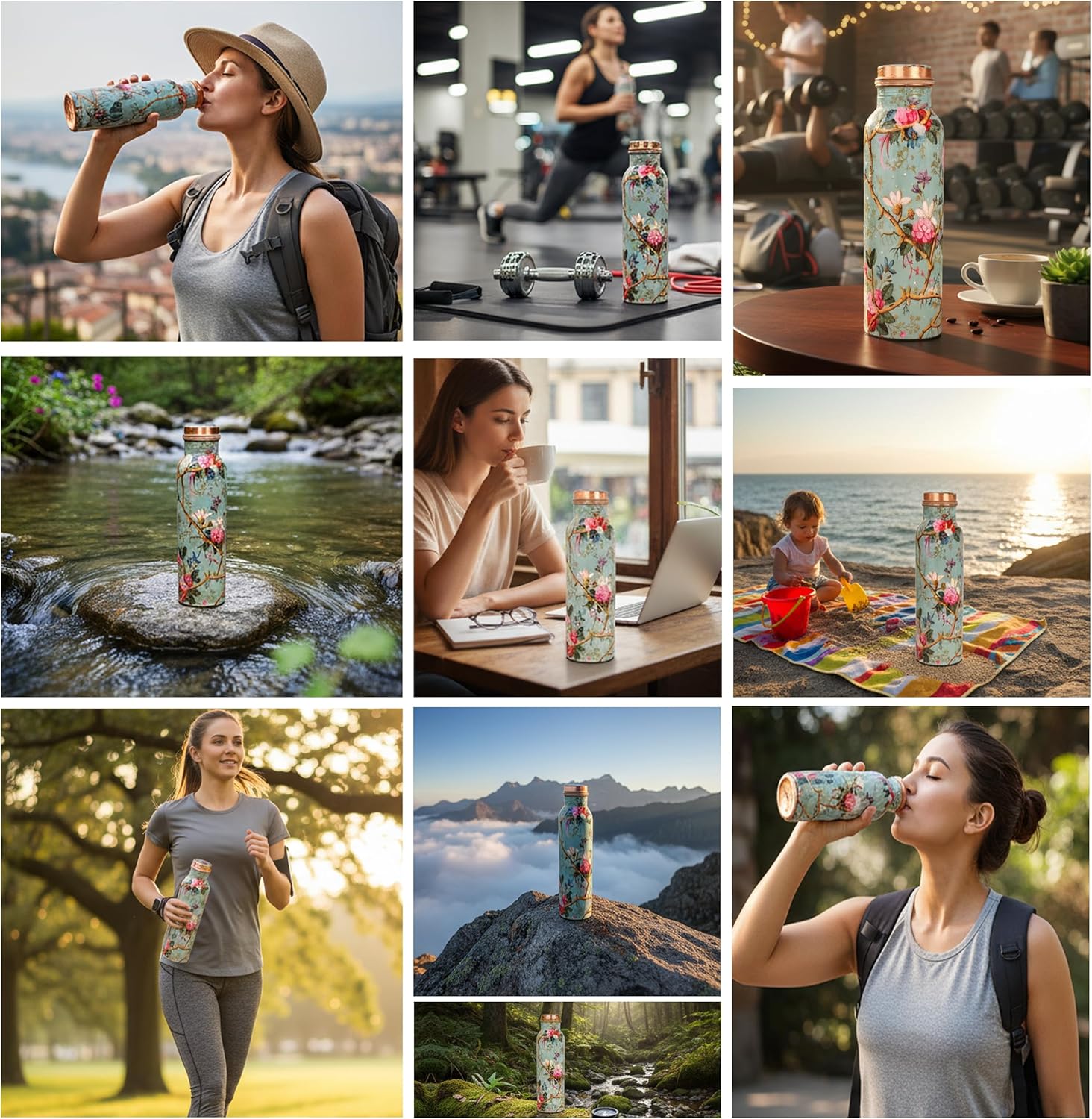 Pure Copper Water Bottle - Handcrafted - Ayurveda health benefits - Large 35 oz - Leak proof - Easy to carry for Sports, Fitness, Yoga, School - Sky Blue Base Floral Vines Colorful Enamel - Image 2