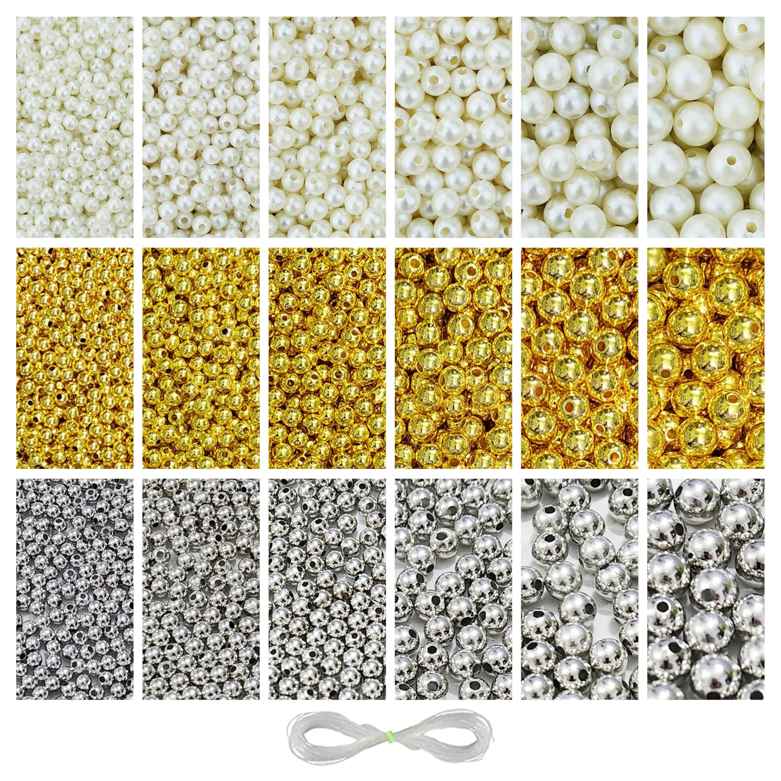 REGLET 1800 Pcs Off White + Pcs 1800 Silver + 1800 Pcs Golden Pearl Beads for Bracelet Making Set - Beading, Crafting, Beadwork, Embroidery, Jewellery Making Kit – Sizes 4, 5, 6, 8, 10, 12mm – 540g